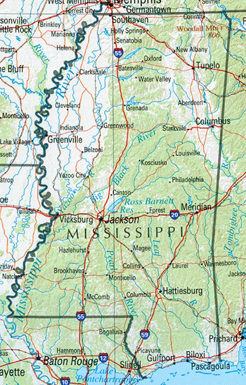 Map of Mississippi Shaded Relief Map, United States