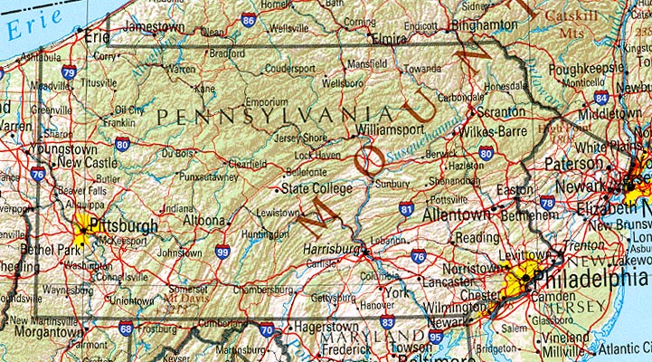 Map of Pennsylvania Shaded Relief Map, United States