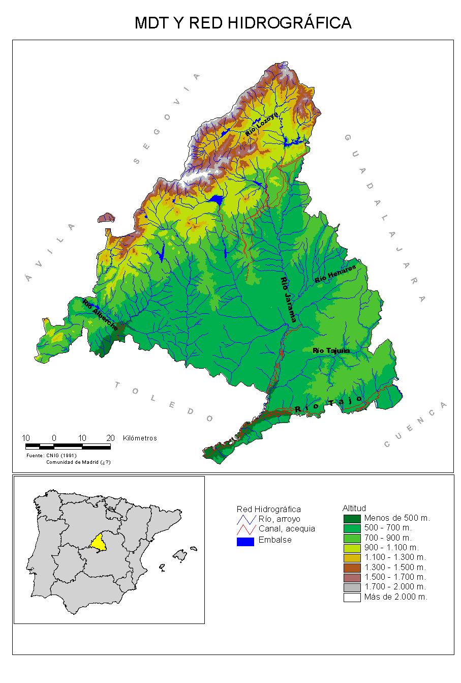Mapa físico hidrológico Comunidad de Madrid