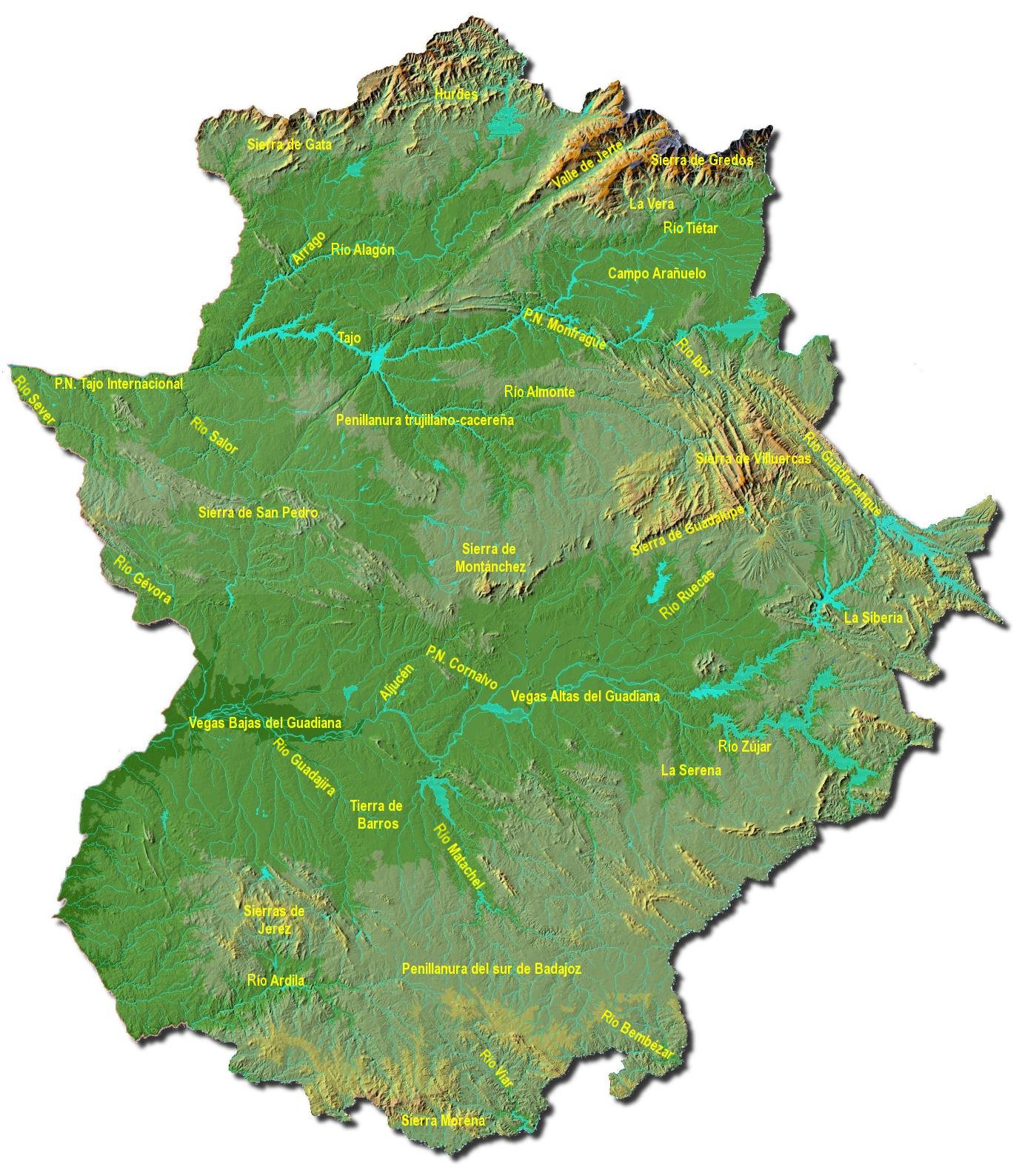 Mapa físico de Extremadura