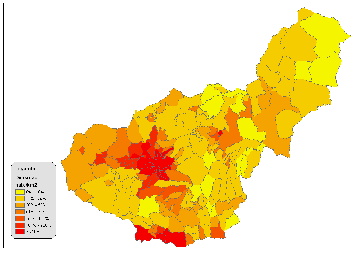 Densidad de población de la provincia de Granada 2008