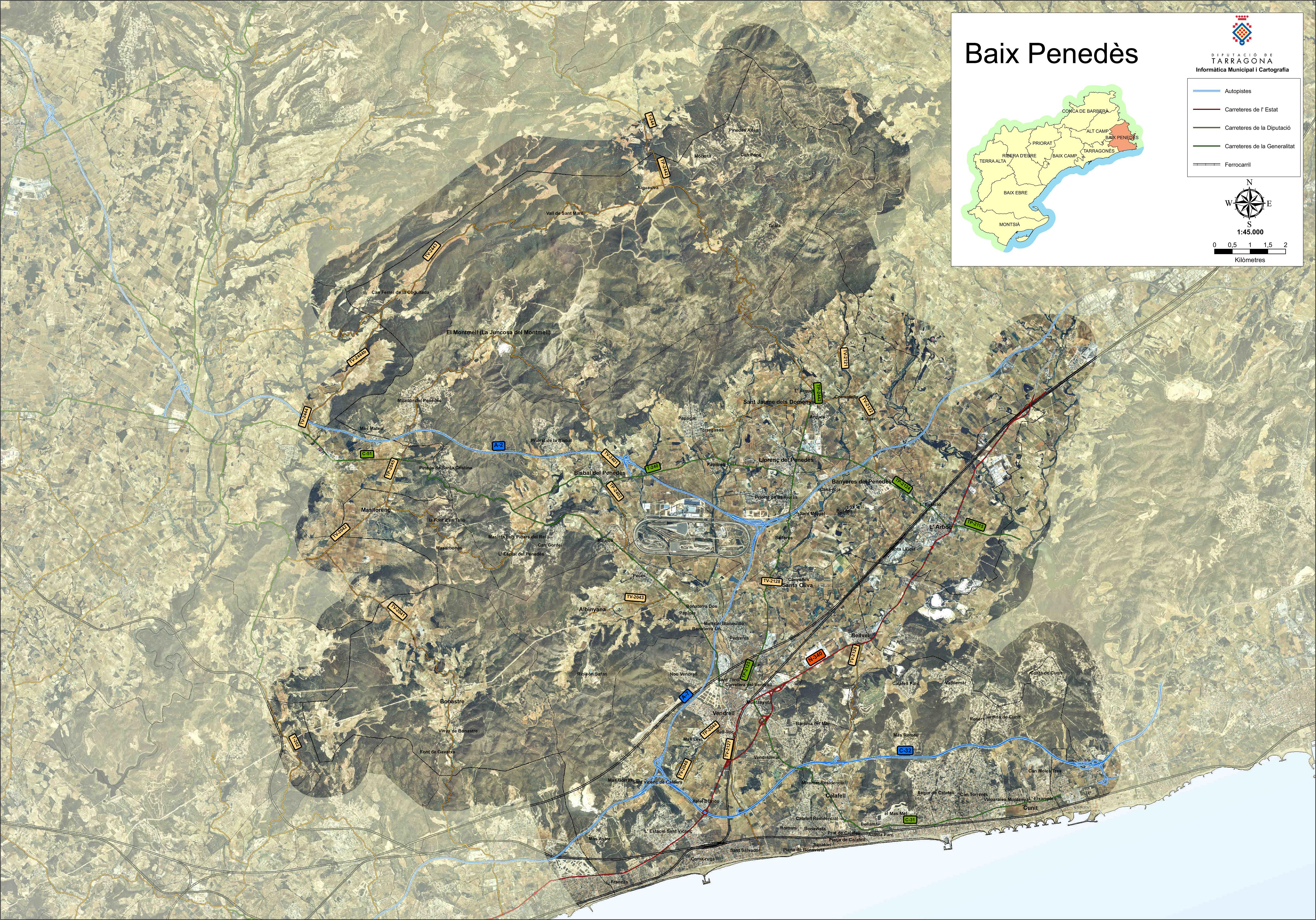 Mapa satelital con carreteras de la comarca de Baix Penedès