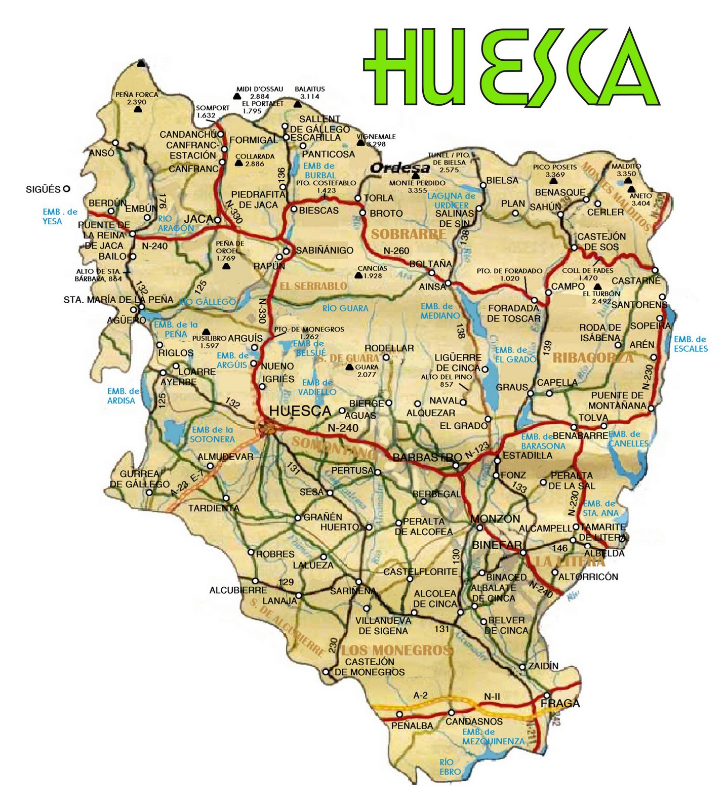 Mapa de carreteras de la Provincia de Huesca