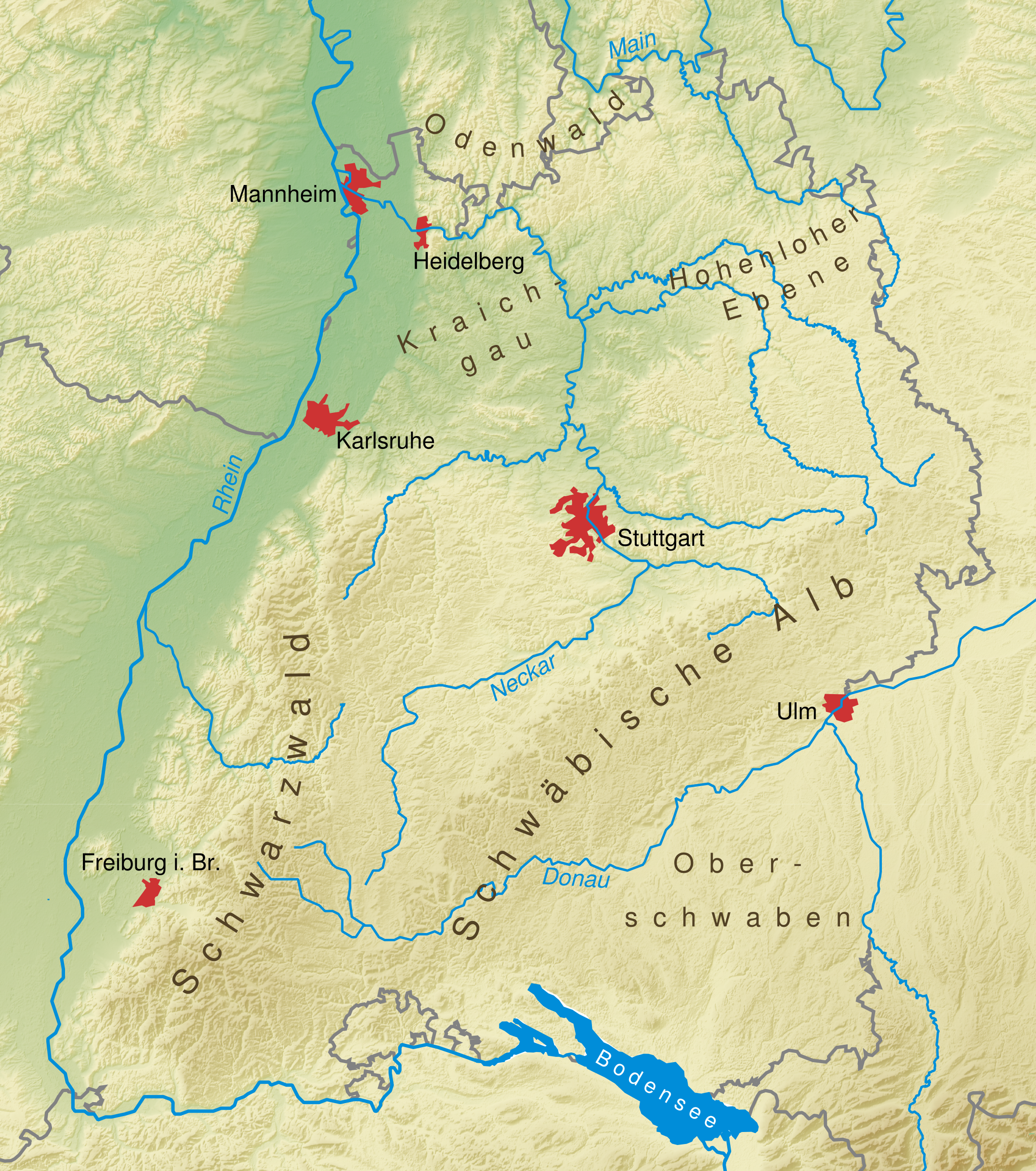 Mapa físico de Baden-Wurtemberg 2008