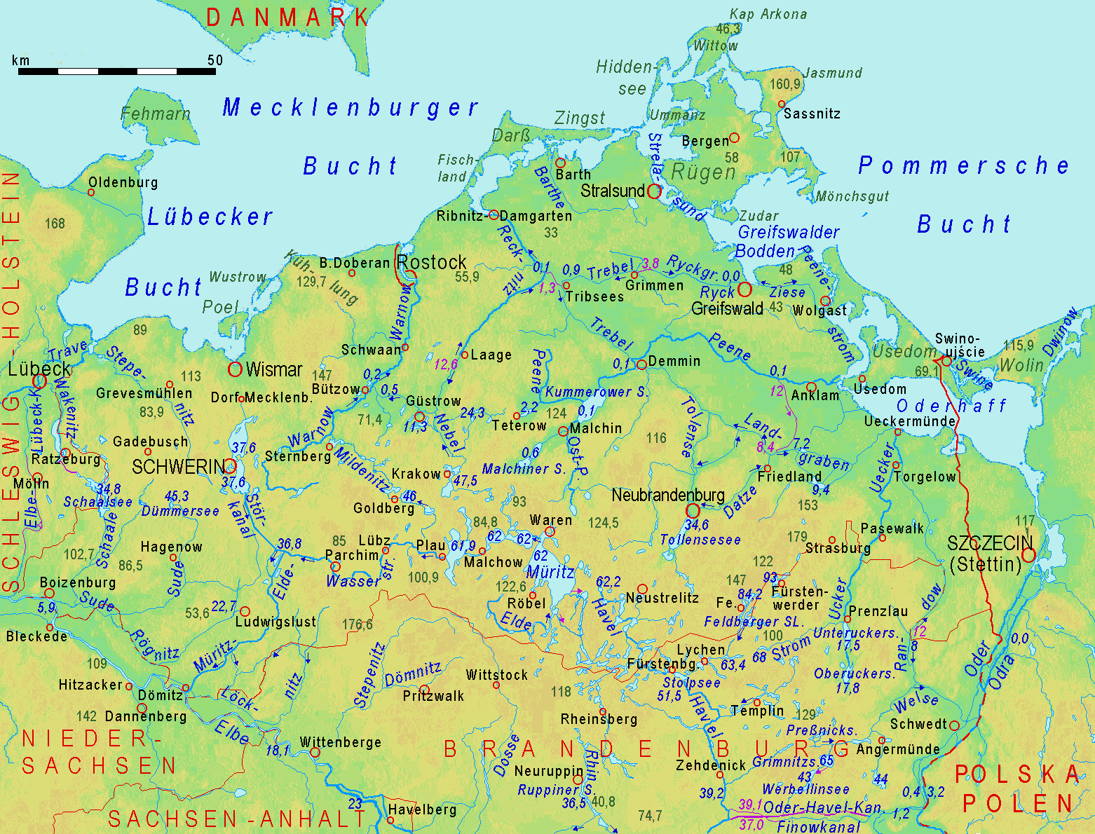 Mapa físico de Mecklemburgo-Pomerania Occidental 2008