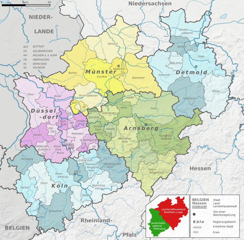 Mapa político-físico de Renania del Norte-Westfalia 2009