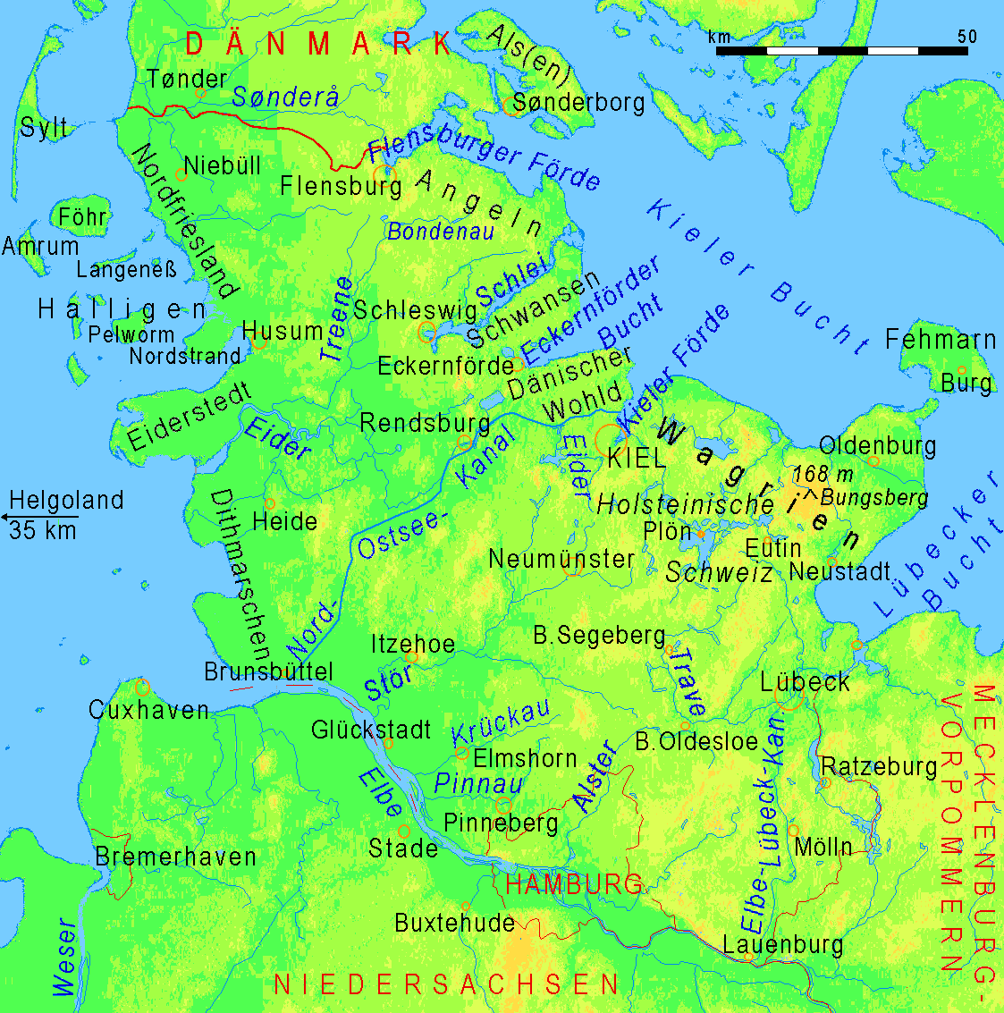 Mapa físico de Schleswig-Holstein 2008