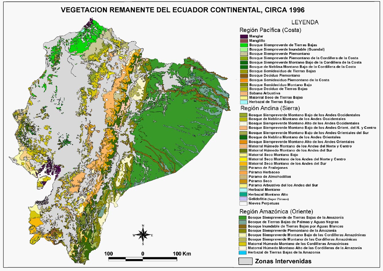 Mapa de Vegetación remanente del Ecuador continental, circa 1996