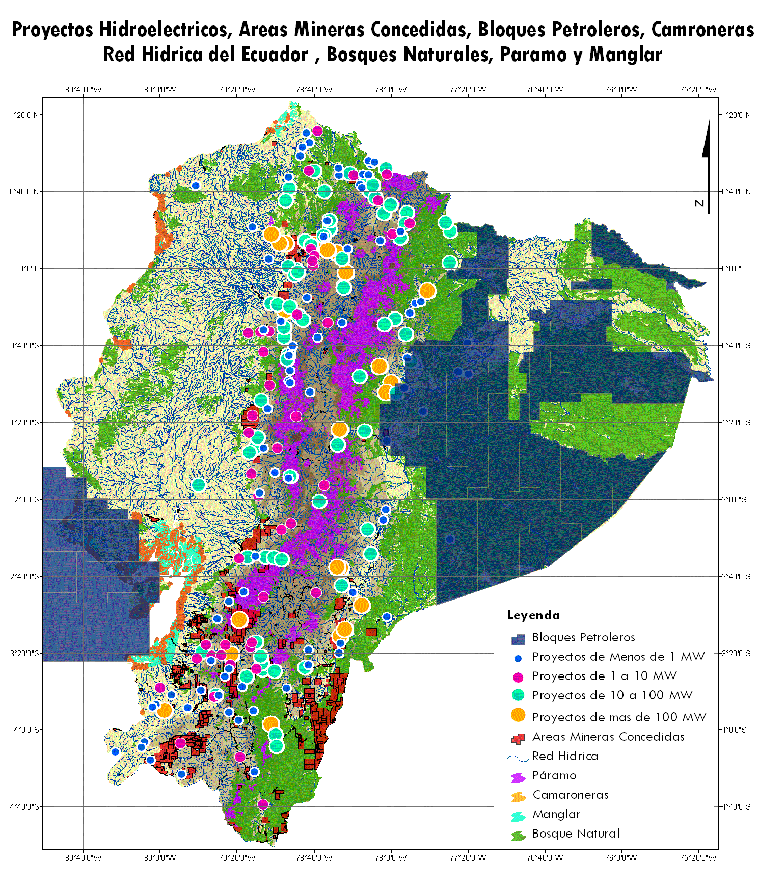 Mapa de Proyectos hidroelectricos, areas mineras concedidas, bloques petroleros, camaroneras, red hidrica, bosques naturales, paramo y manglar del Ecuador
