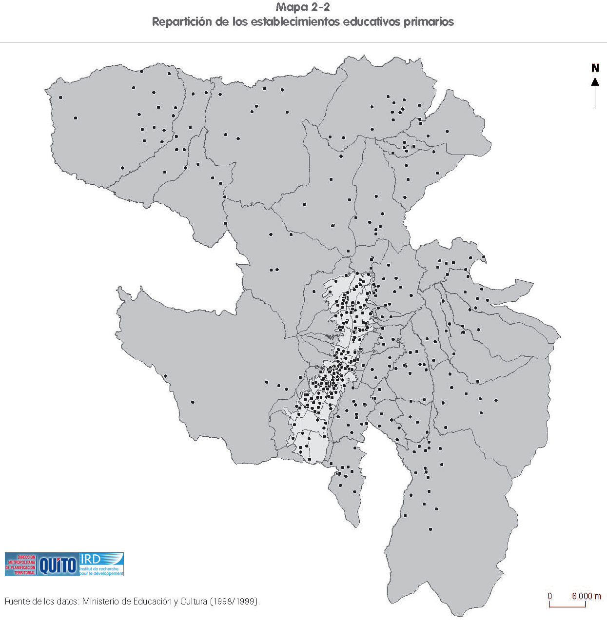 Mapa de Establecimientos educativos primarios en el Distrito Metropolitano de Quito 2001