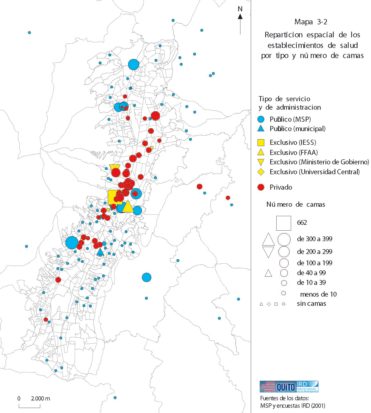 Mapa de Los establecimientos de salud por tipo y número de camas en el Distrito Metropolitano de Quito 2001