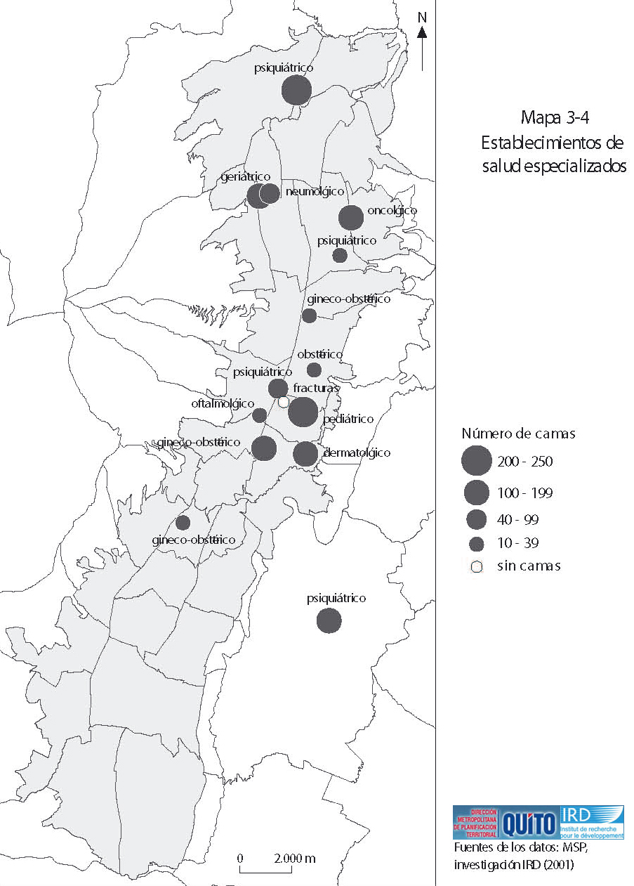 Mapa de Establecimientos de salud especializados en el Distrito Metropolitano de Quito 2001