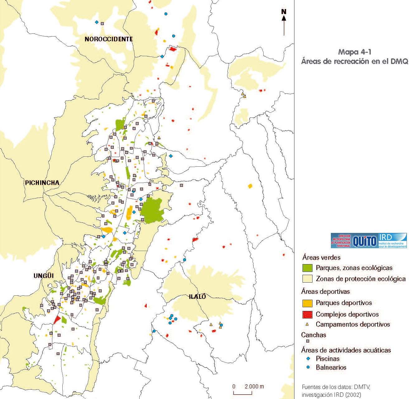 Mapa de Áreas de recreación en el Distrito Metropolitano de Quito 2002