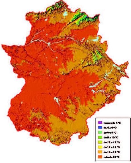 Mapa de Temperaturas medias anuales en Extremadura