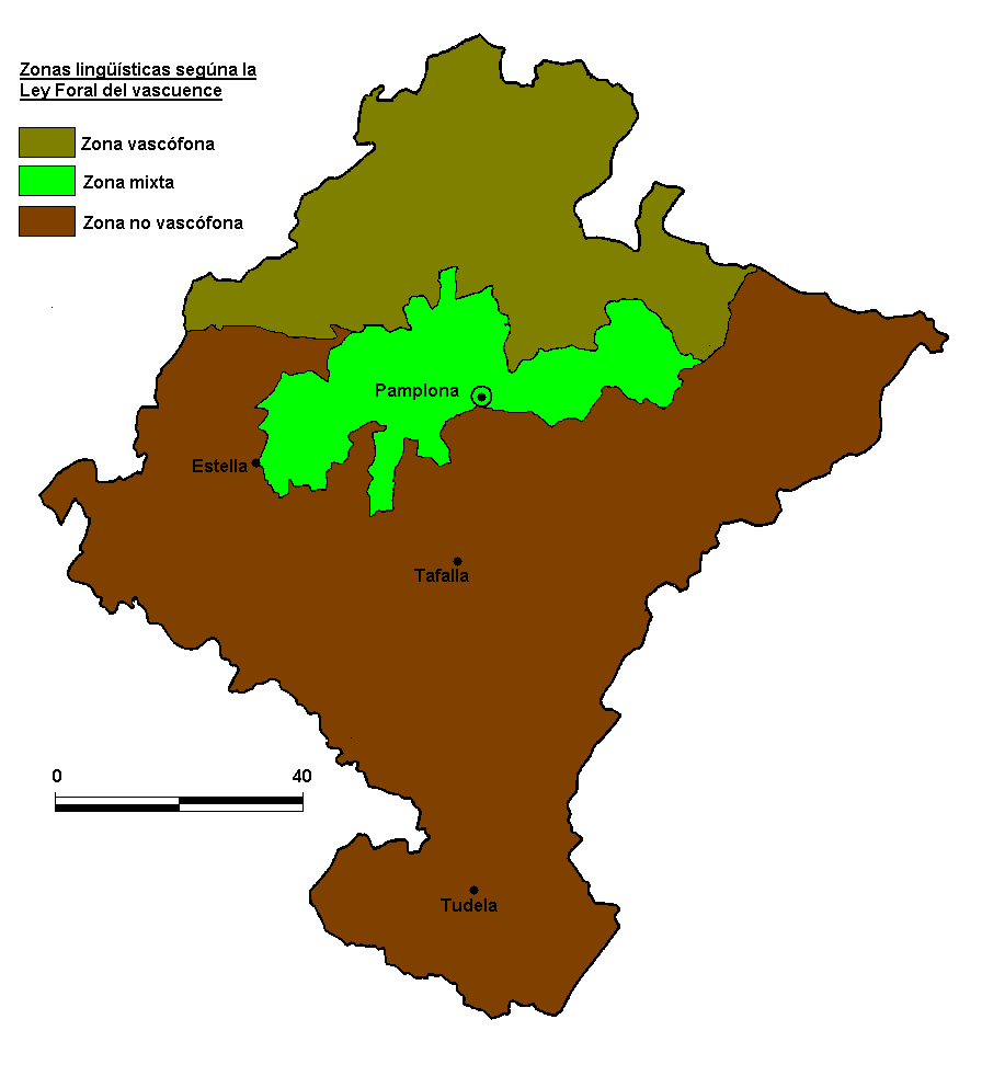 Mapa de Zonas vascófona, mixta y no vascófona en Navarra