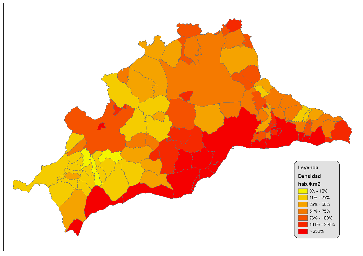 Densidad de población de la provincia de Málaga 2008