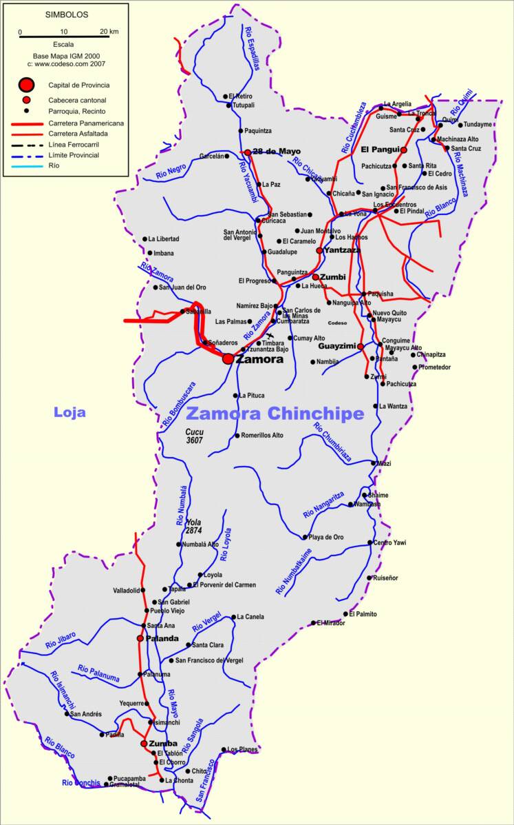 Mapa de carreteras de Zamora Chinchipe