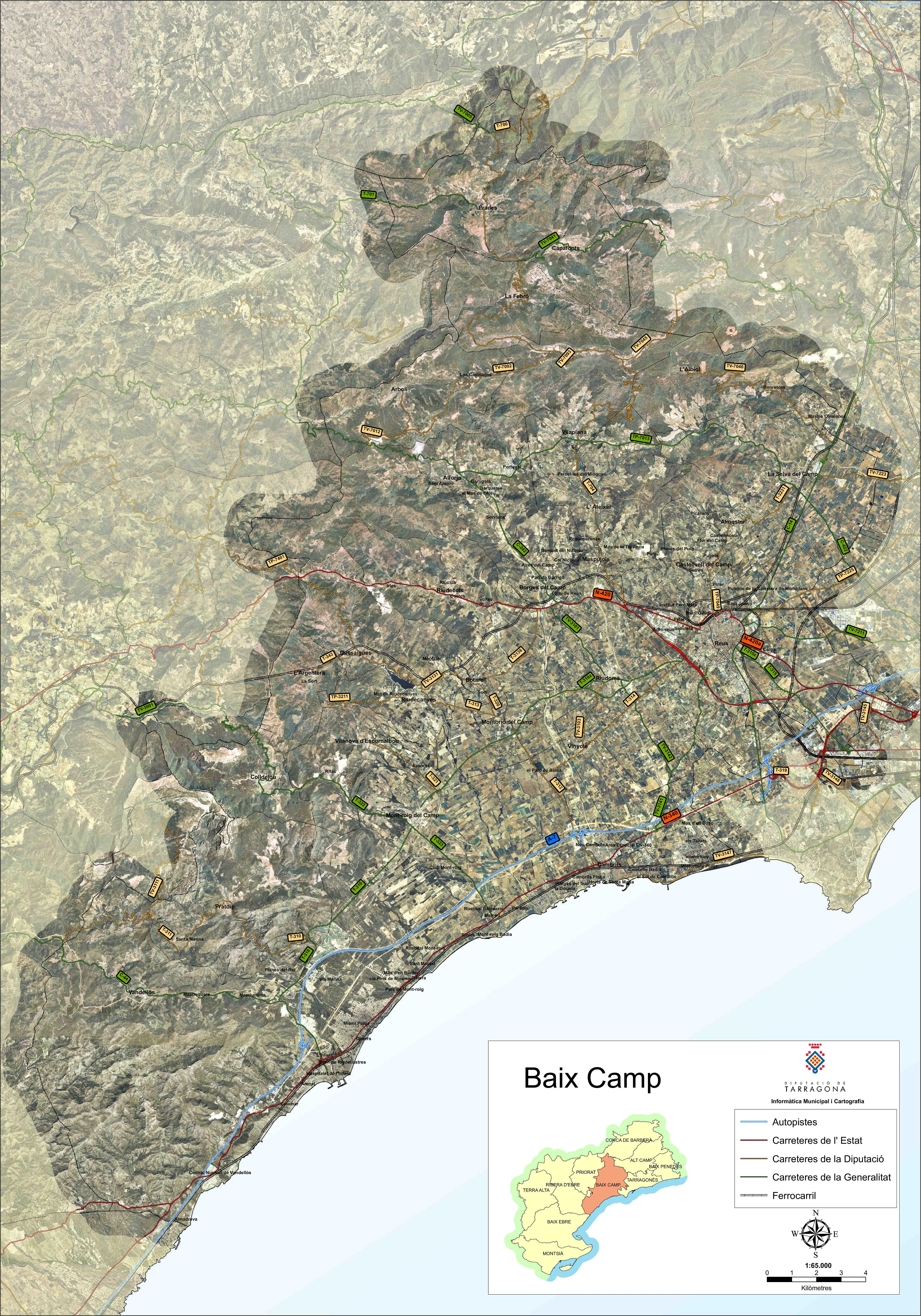 Mapa satelital con carreteras de la comarca de Baix Camp