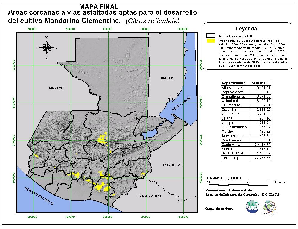 Áreas aptas para el cultivo de la Mandarina Clementina en Guatemala