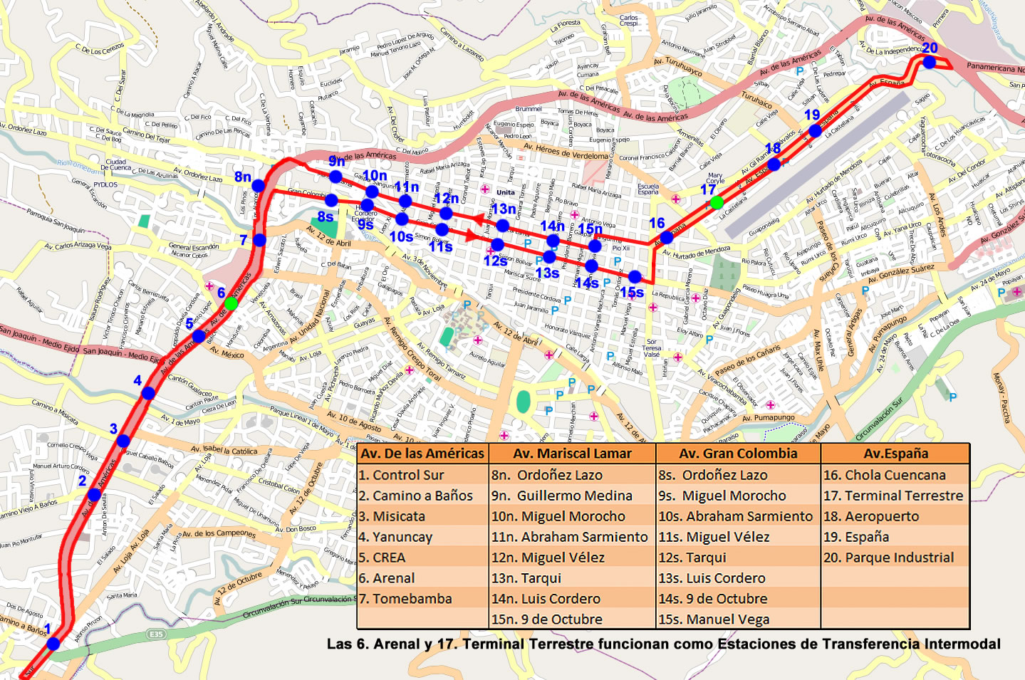 Ruta planeada del tranvía en la ciudad de Cuenca 2011