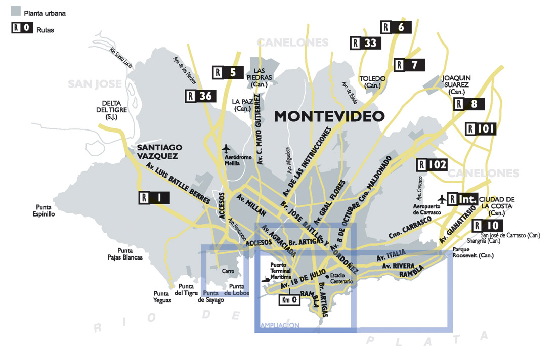 Acceso a Montevideo, Mapa de Principales Carreteras, Uruguay