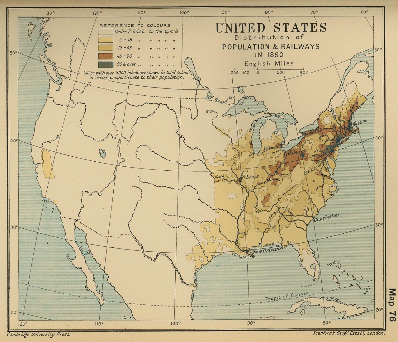 Distribución de la Población y Principales Ferrocarriles en Estados Unidos 1850