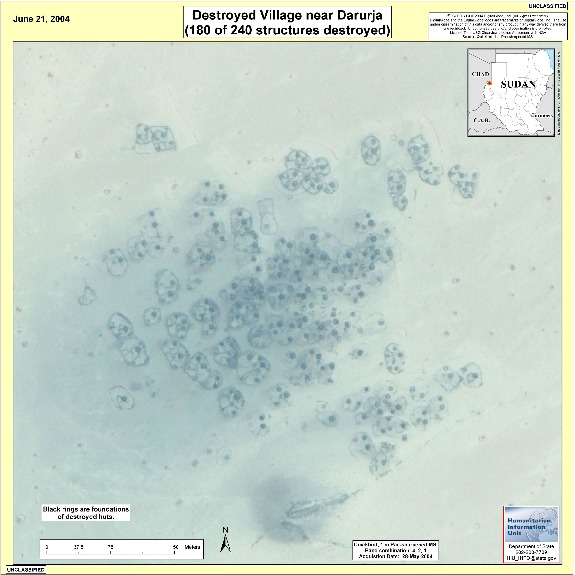 Foto, Imagen Satelite de Aldeas Destruidas Cerca de Darurja, Darfur, Sudán, Junio 21, 2004