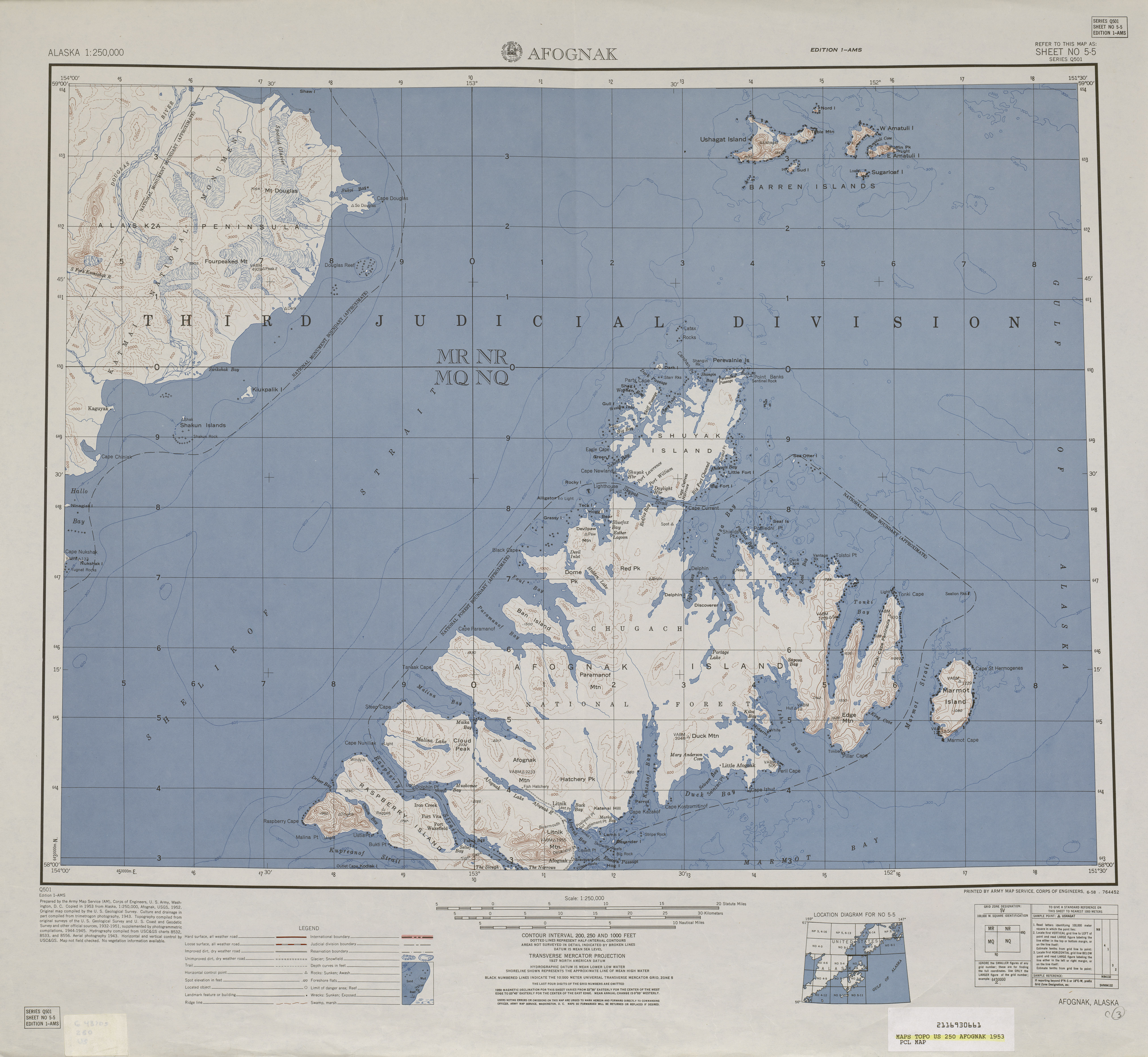 Hoja Afognak del Mapa Topográfico de los Estados Unidos 1953