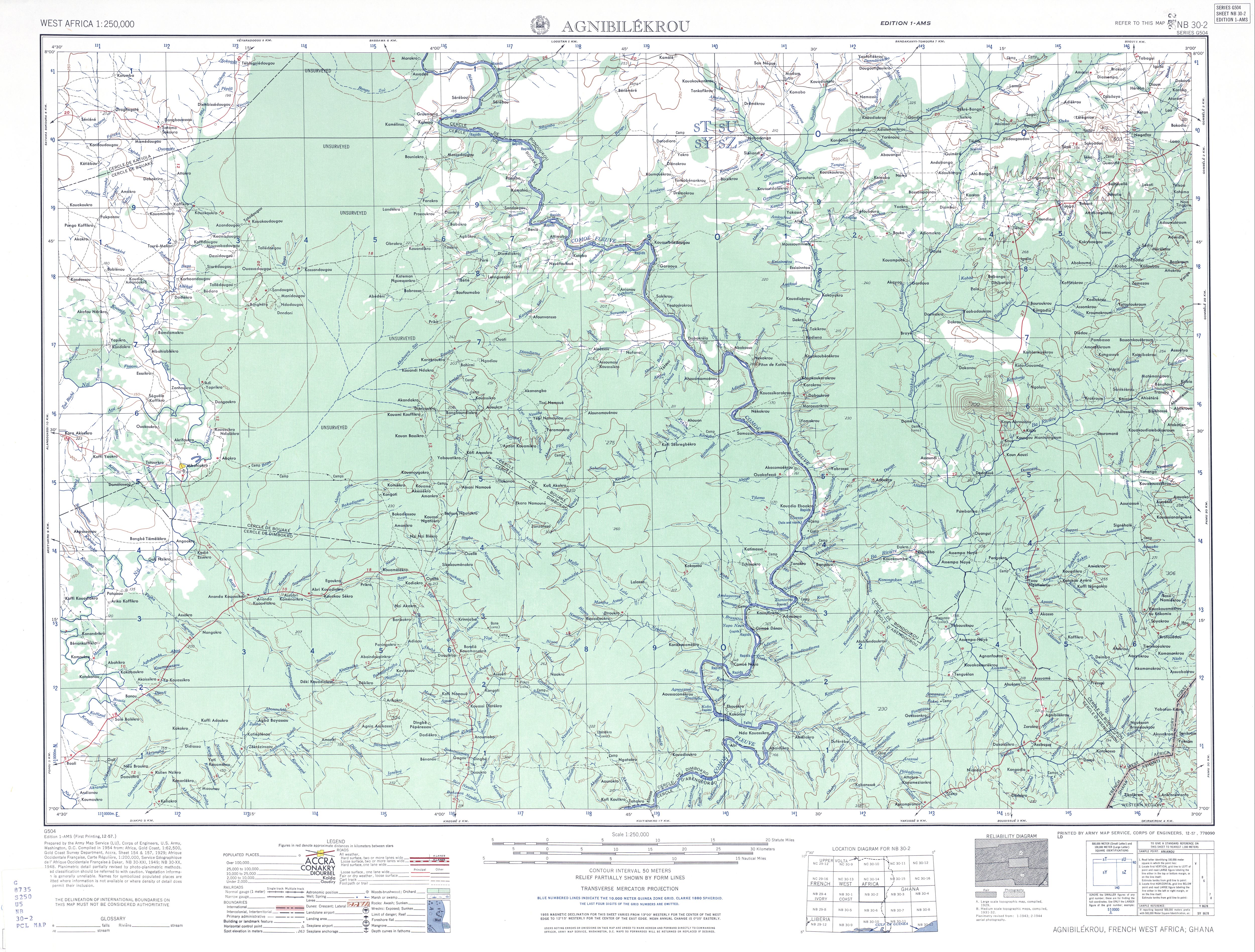 Hoja Agnibilekrou del Mapa Topográfico de África Occidental 1955