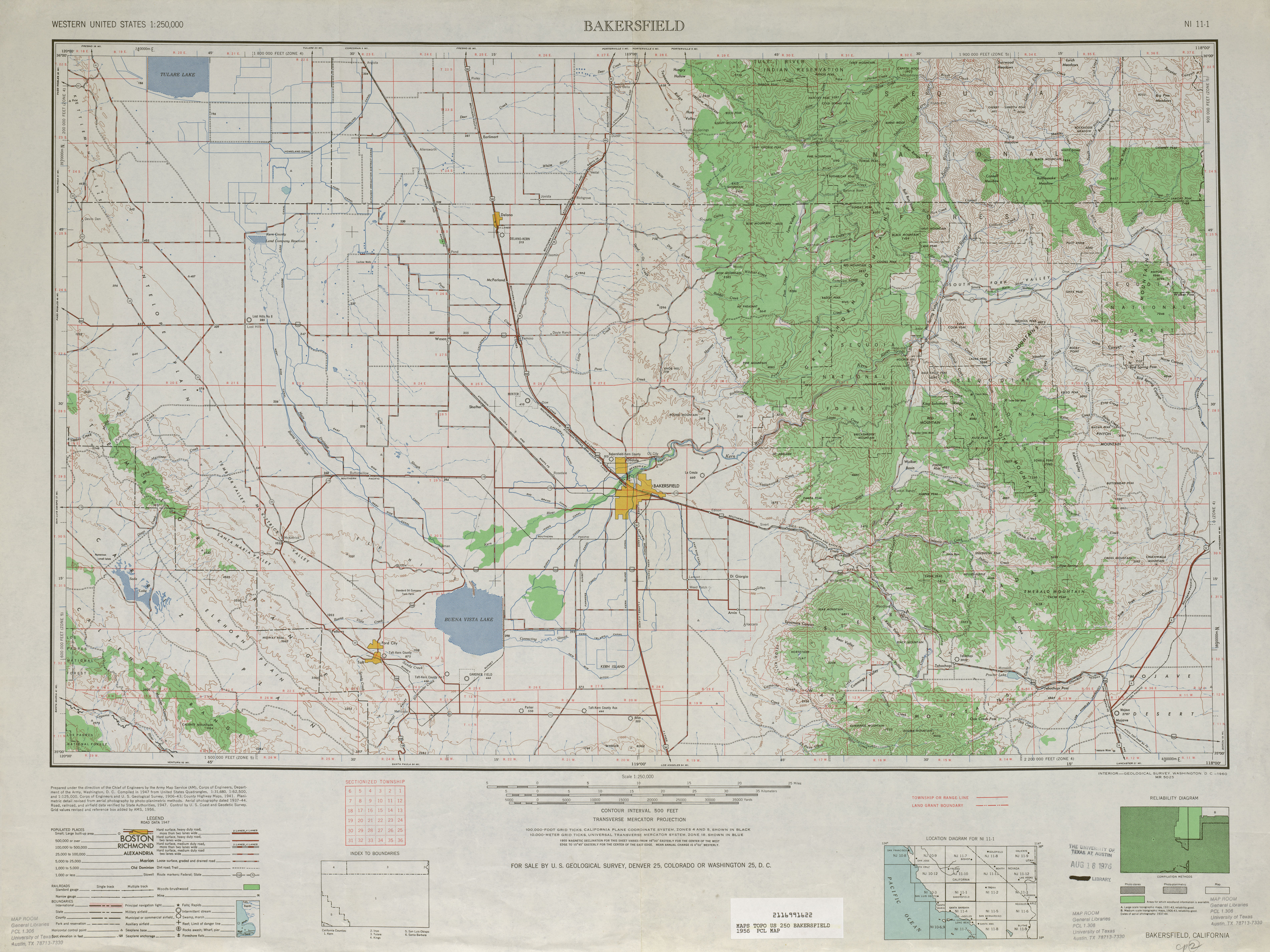 Hoja Bakersfield del Mapa Topográfico de los Estados Unidos 1956