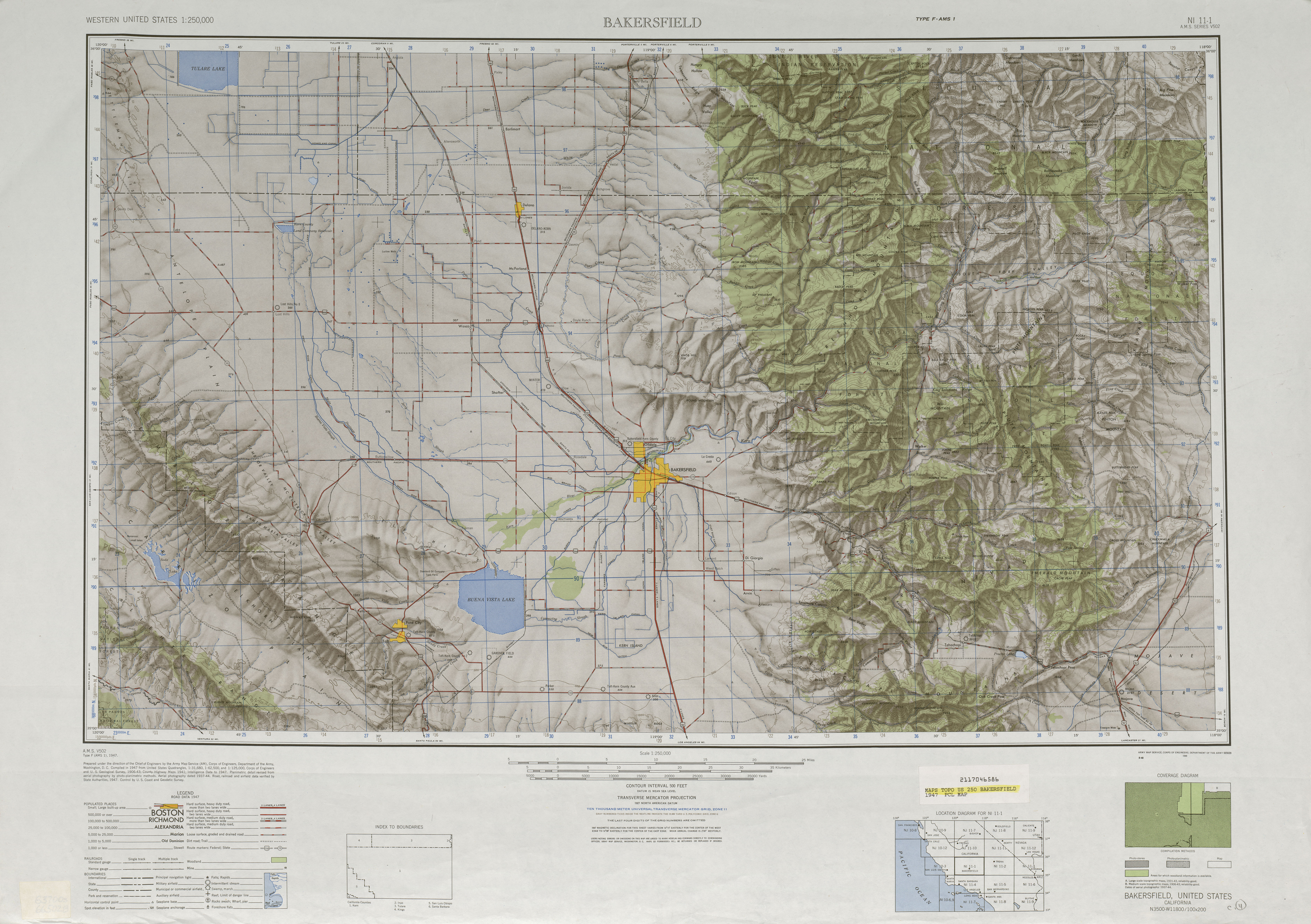 Hoja Bakersfield del Mapa de Relieve Sombreado de los Estados Unidos 1947