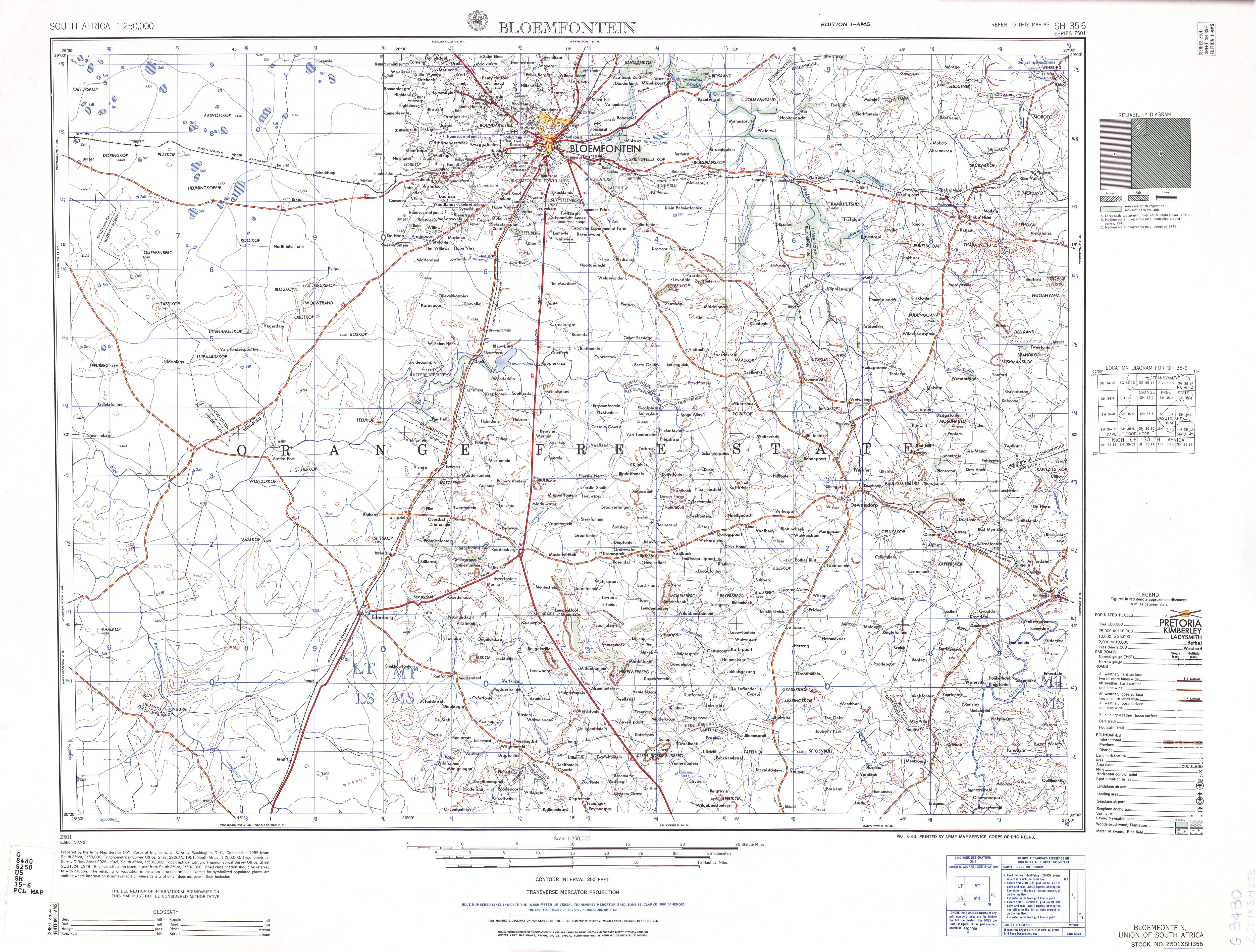 Hoja Bloemfontein del Mapa Topográfico de África Meridional 1954