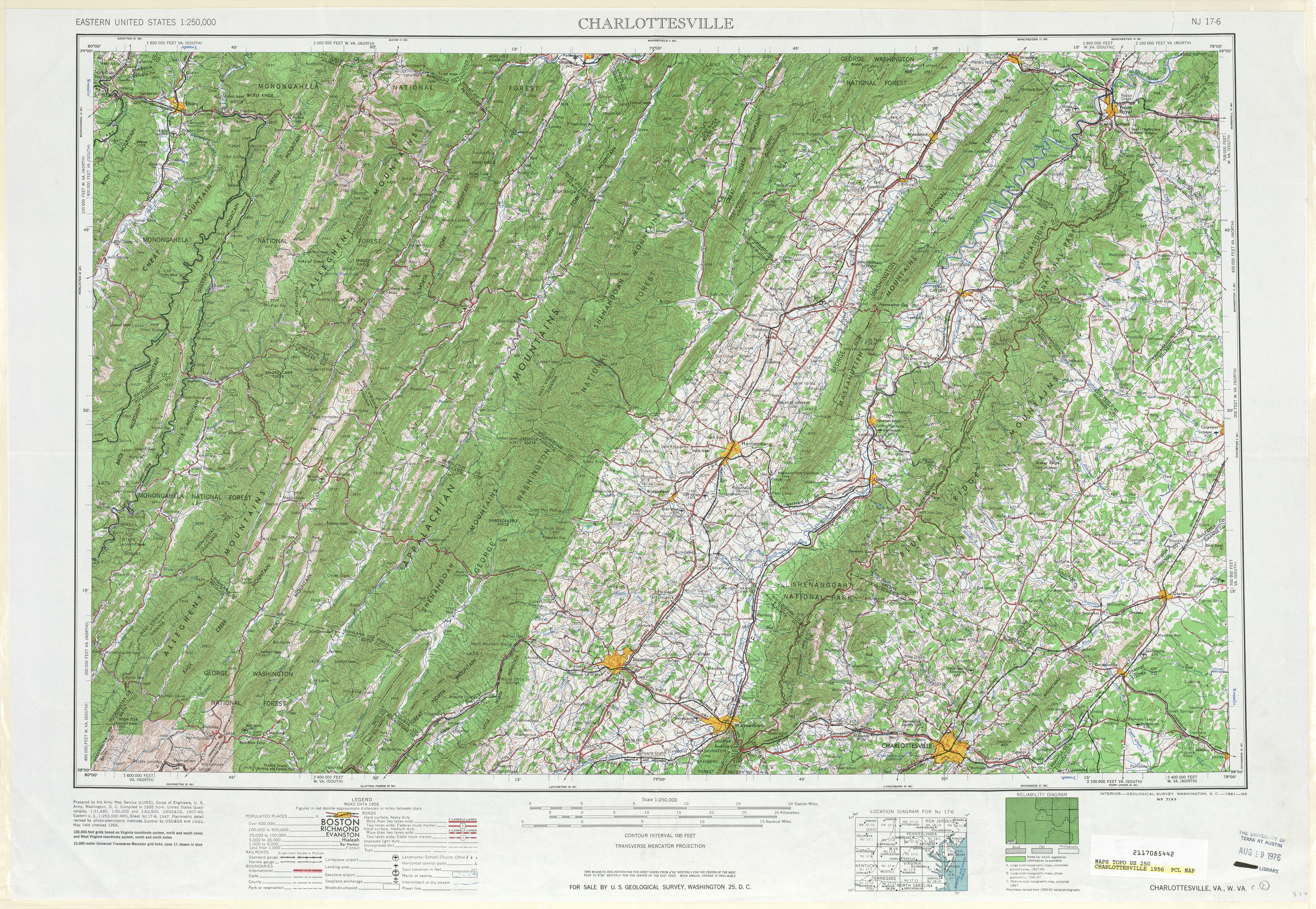 Hoja Charlottesville del Mapa de Relieve Sombreado de los Estados Unidos 1956