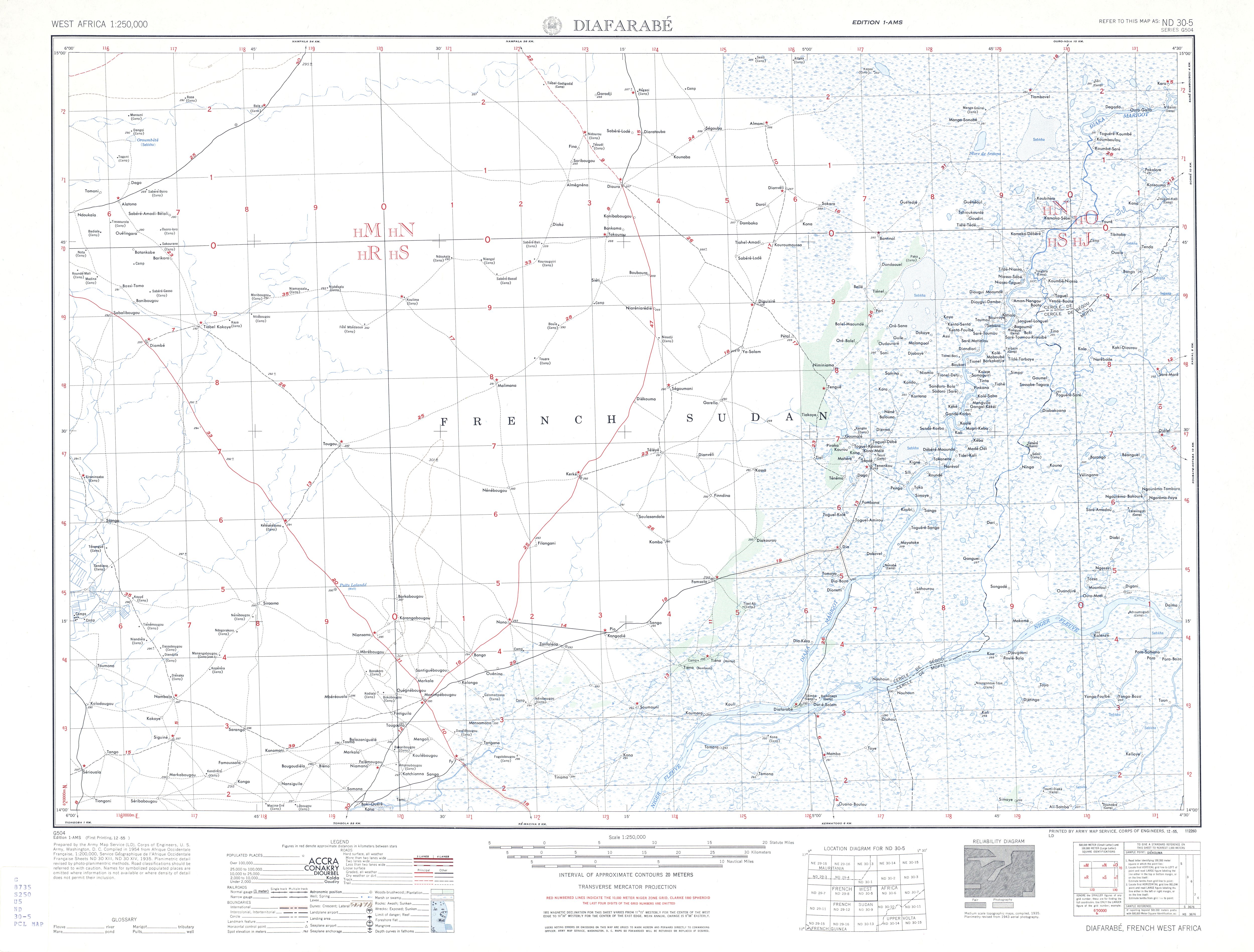 Hoja Diafarabe del Mapa Topográfico de África Occidental 1955