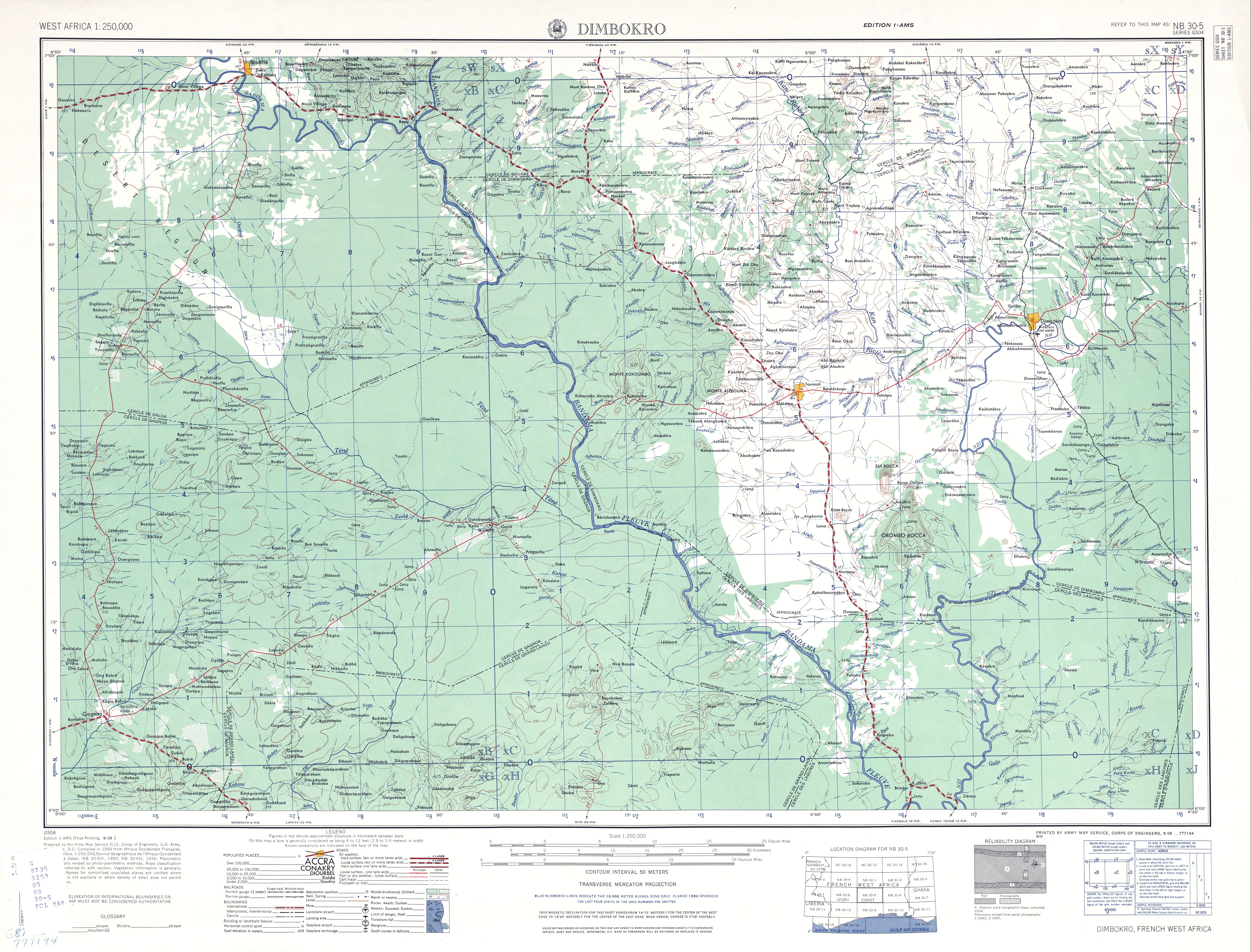 Hoja Dimbokro del Mapa Topográfico de África Occidental 1955