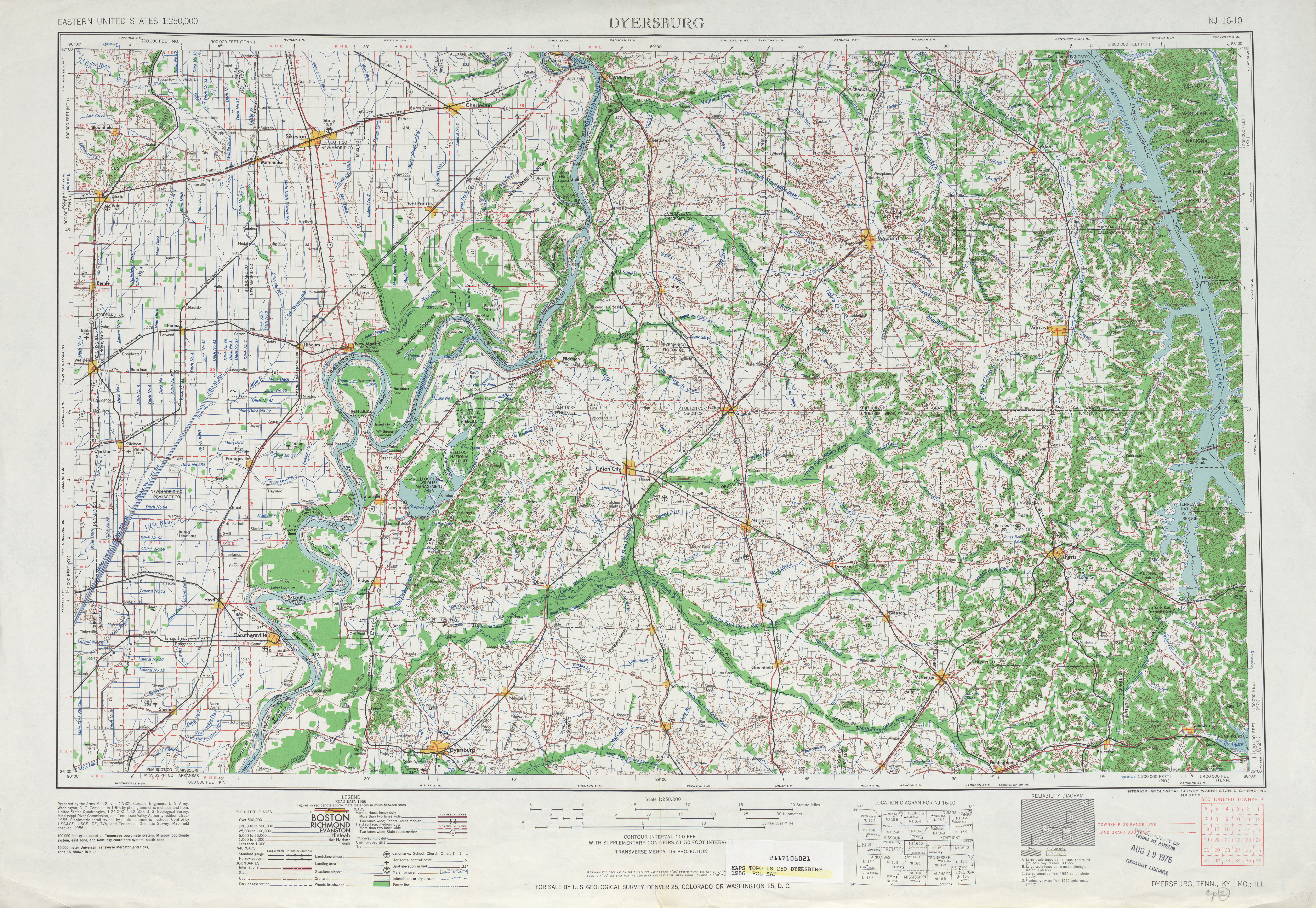 Hoja Dyersburg de la Imagen Satelital de los Estados Unidos 1956