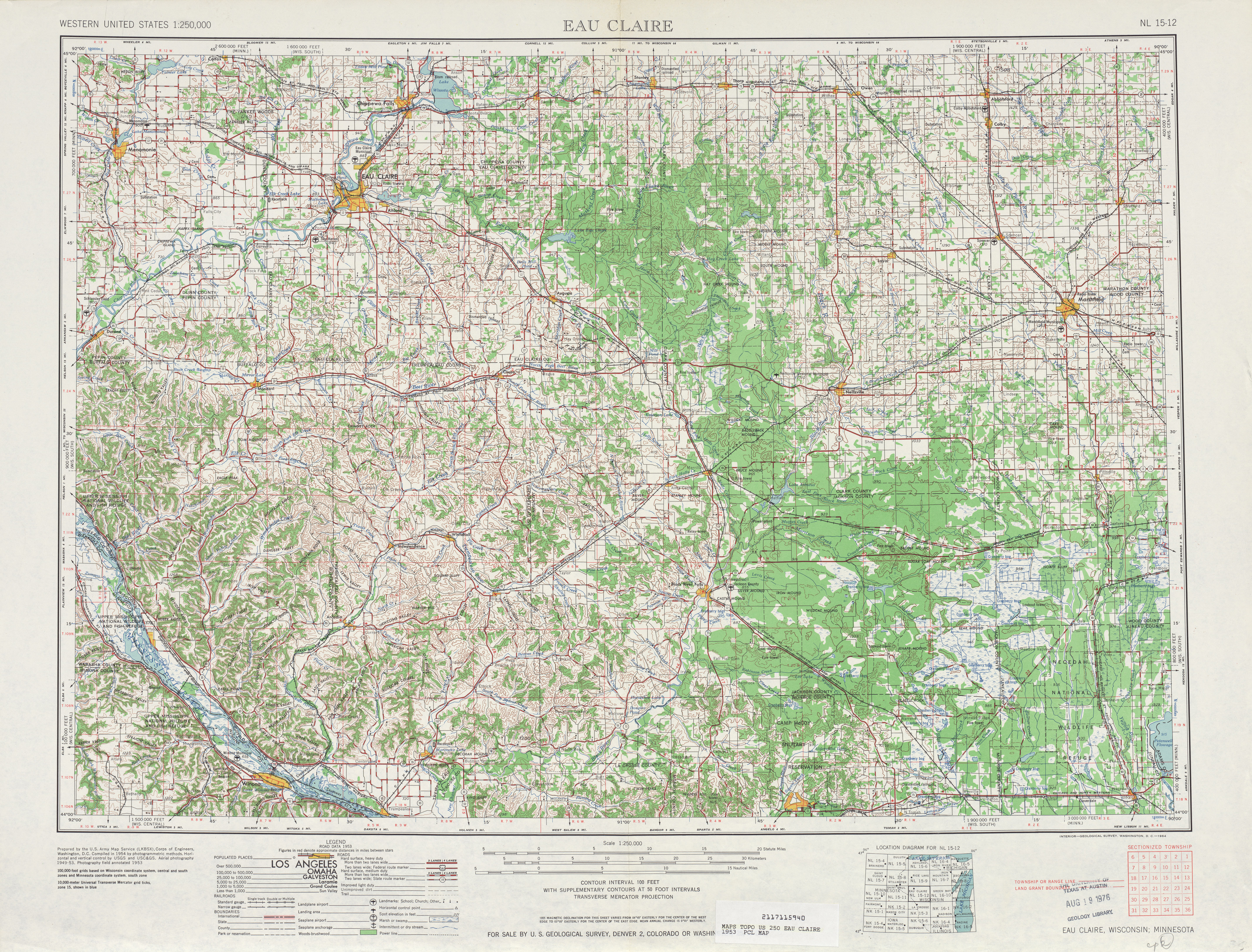 Hoja Eau Claire del Mapa Topográfico de los Estados Unidos 1953