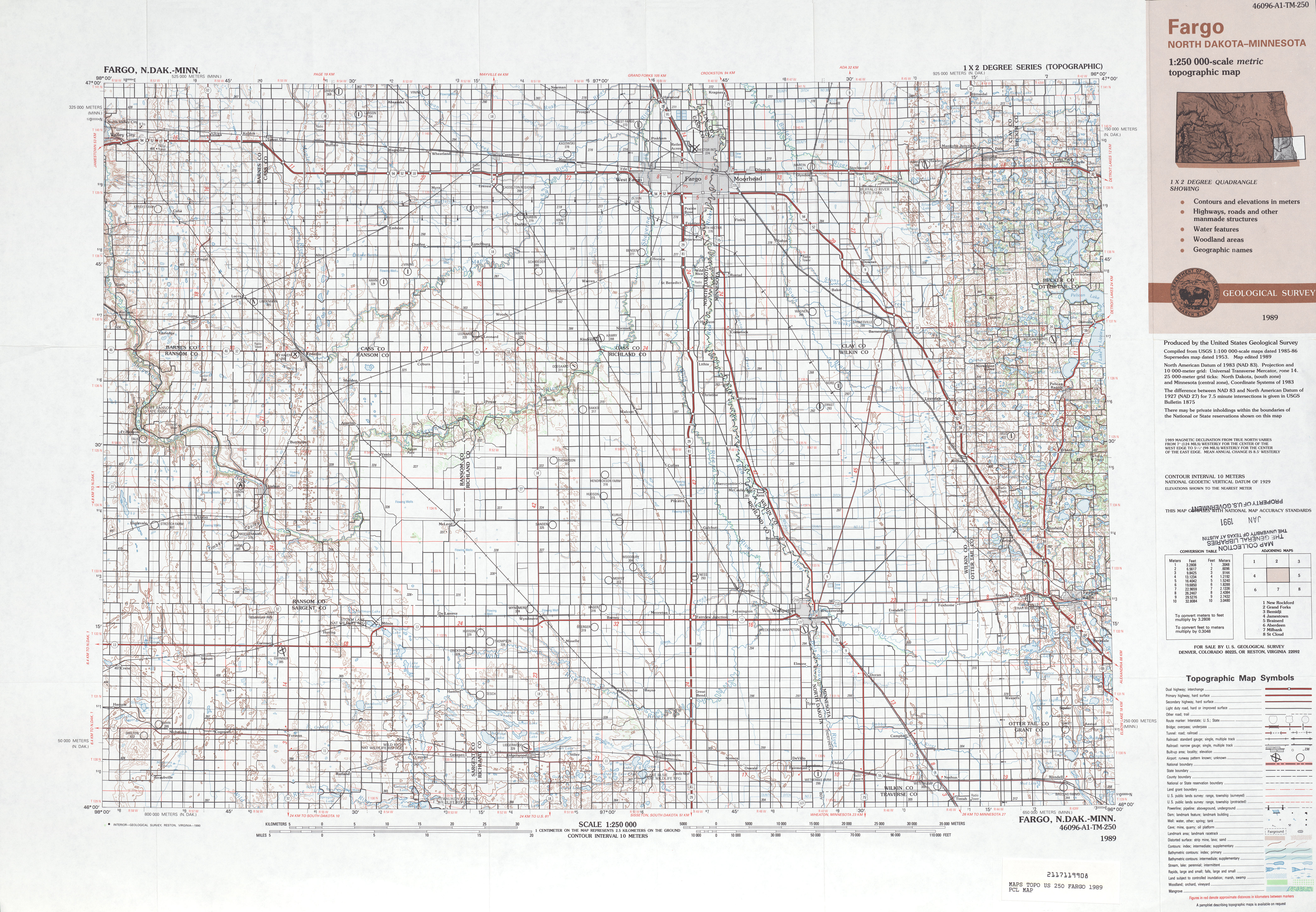 Hoja Fargo del Mapa Topográfico de los Estados Unidos 1989