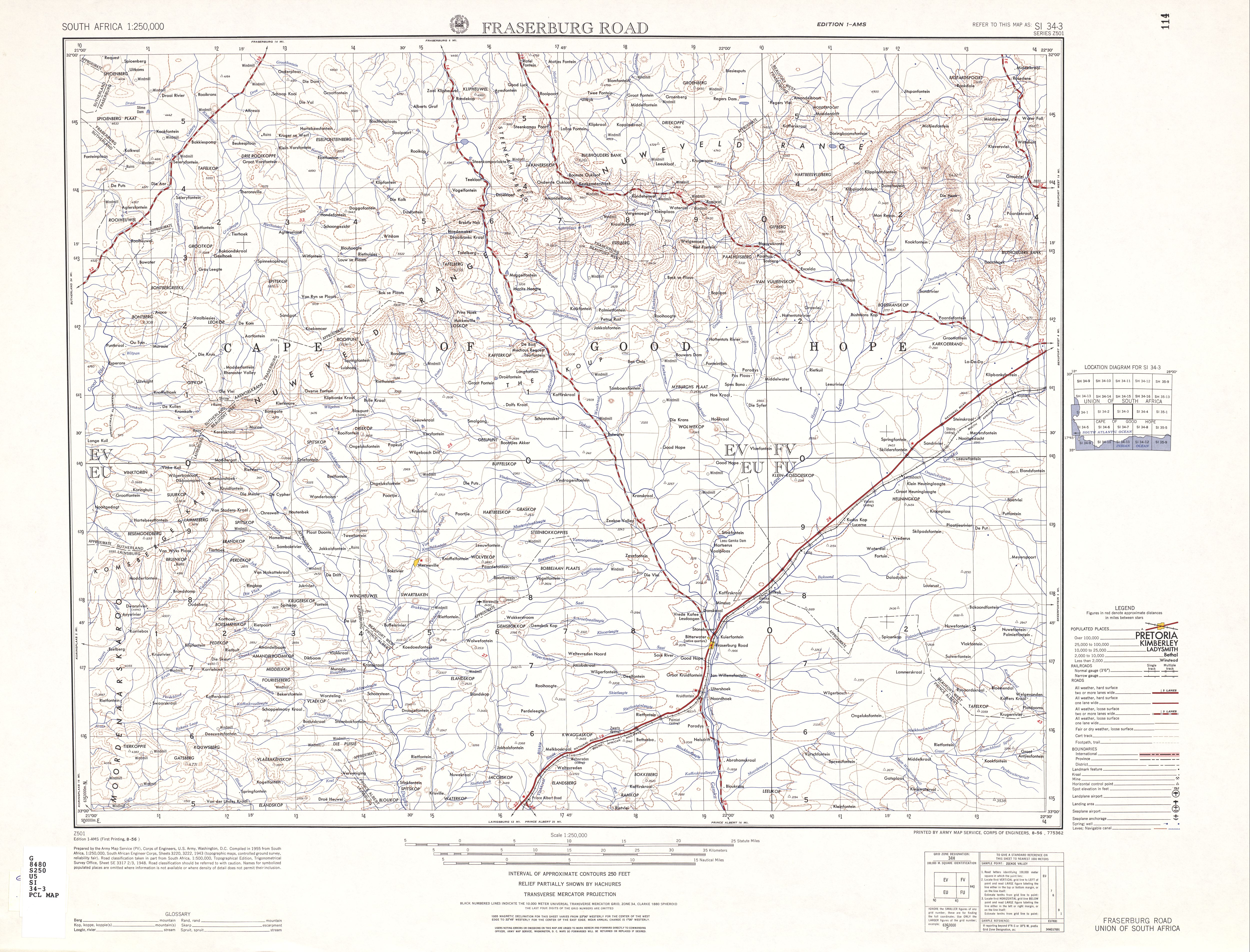 Hoja Fraserburg Road del Mapa Topográfico de África Meridional 1954