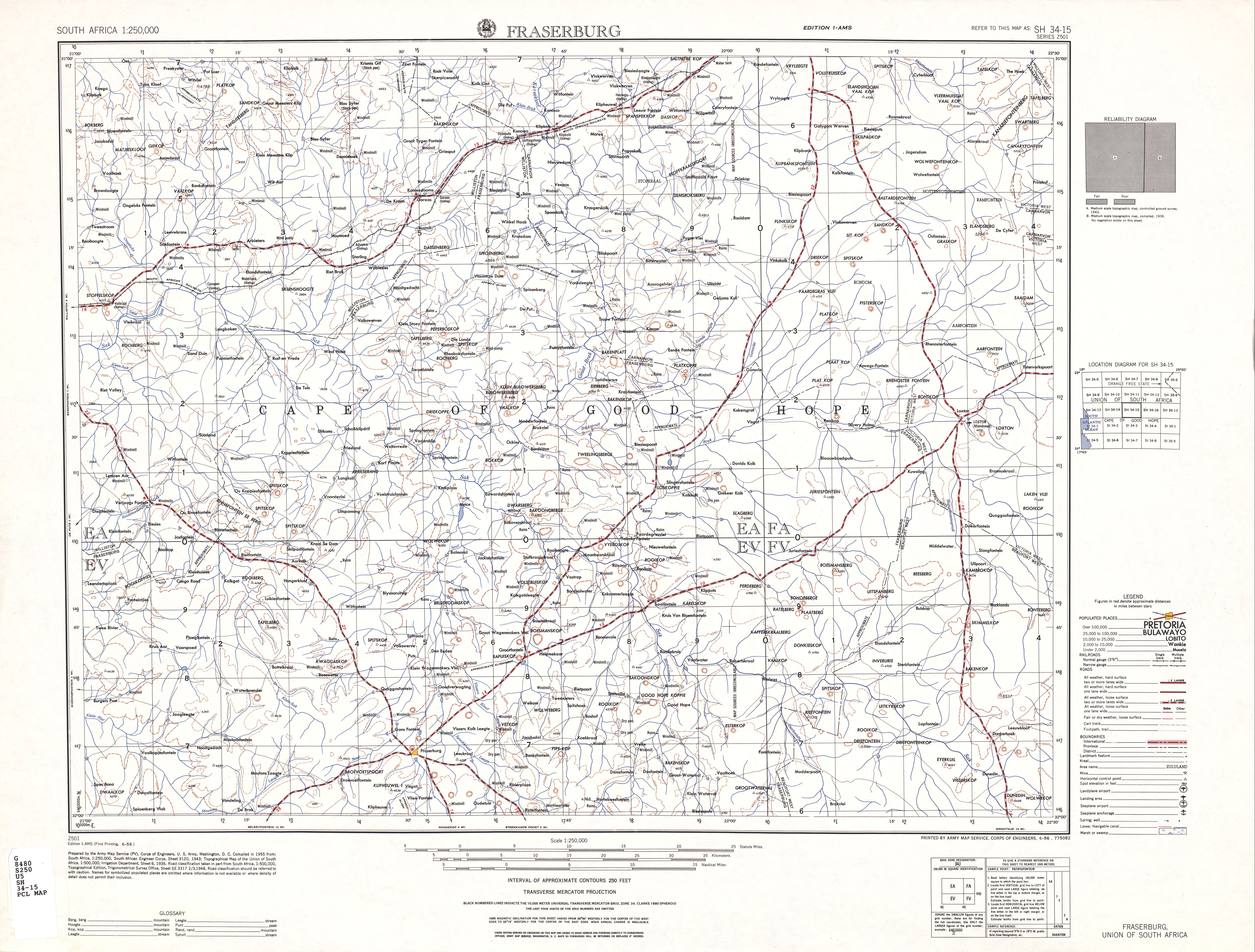 Hoja Fraserburg del Mapa Topográfico de África Meridional 1954