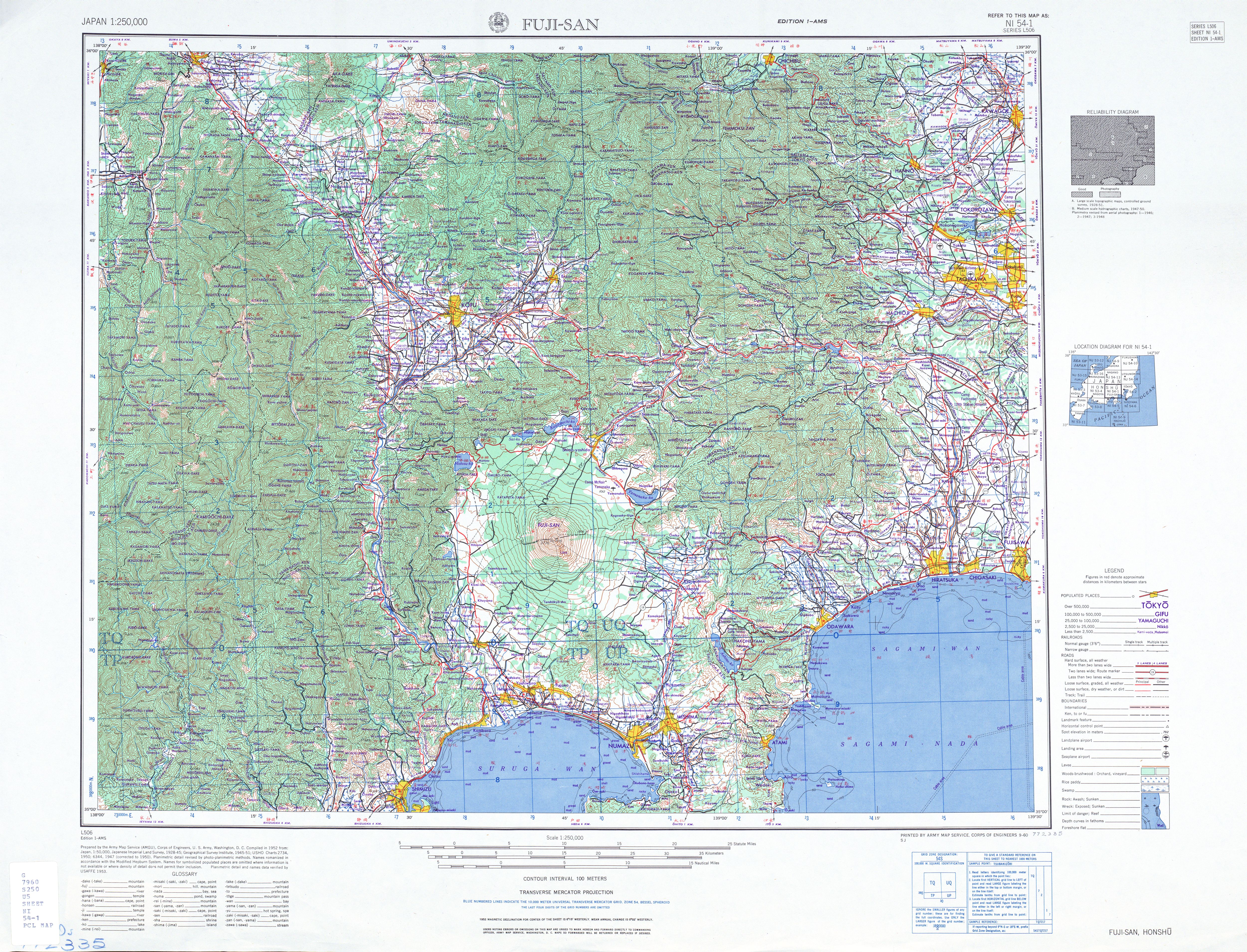 Hoja Fuji-San del Mapa Topográfico de Japón 1954