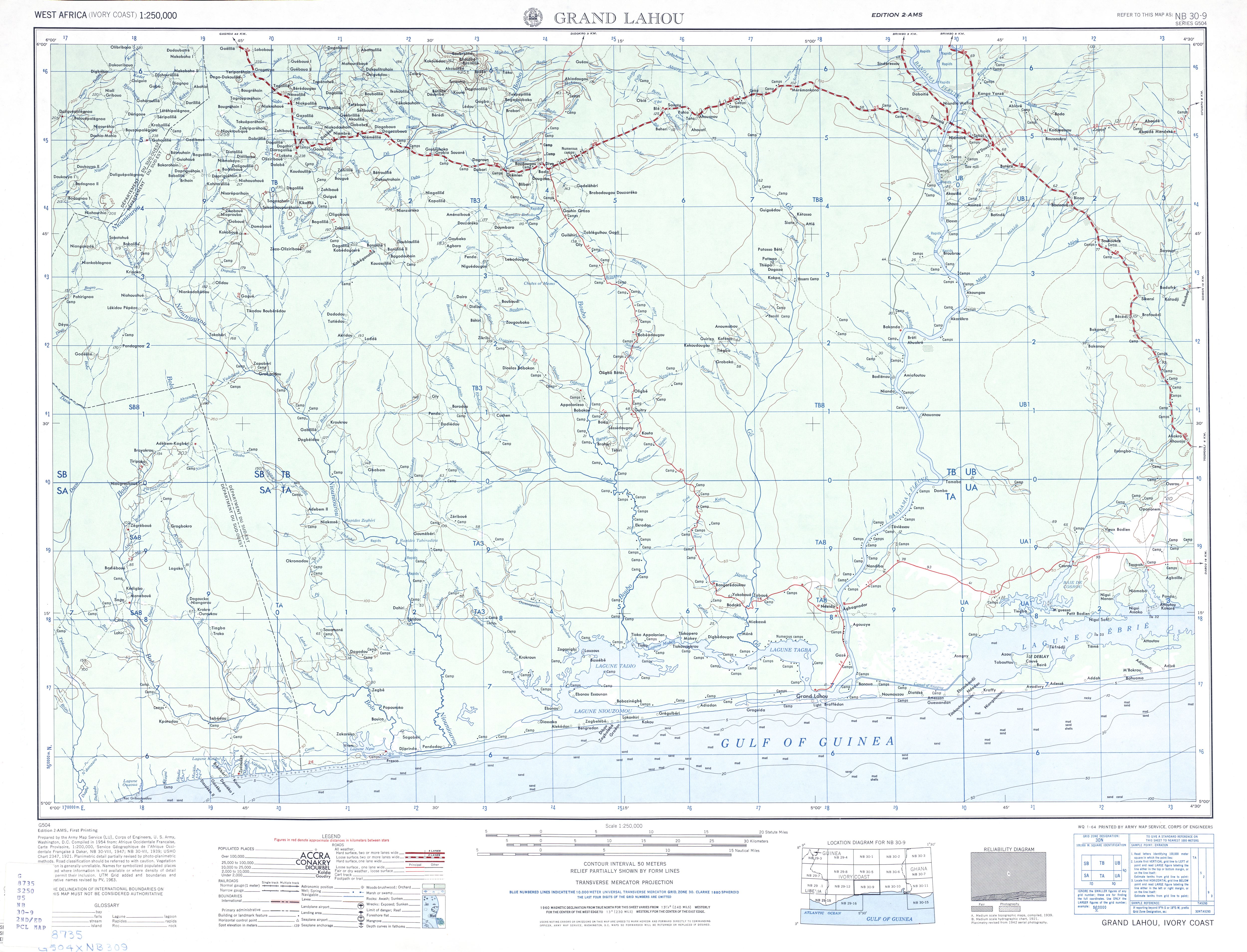Hoja Grand Lahou del Mapa Topográfico de África Occidental 1955