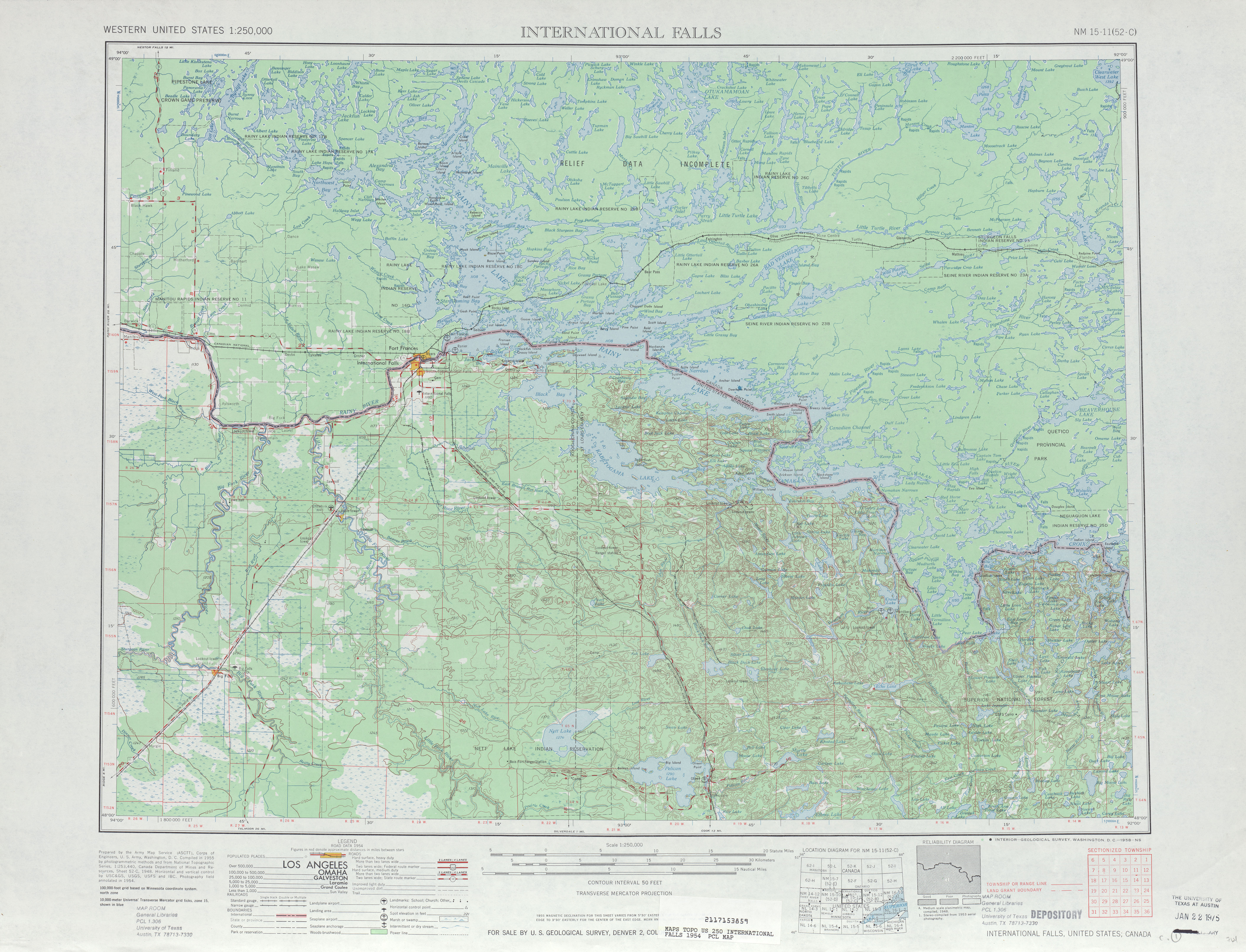 Hoja International Falls del Mapa Topográfico de los Estados Unidos 1954