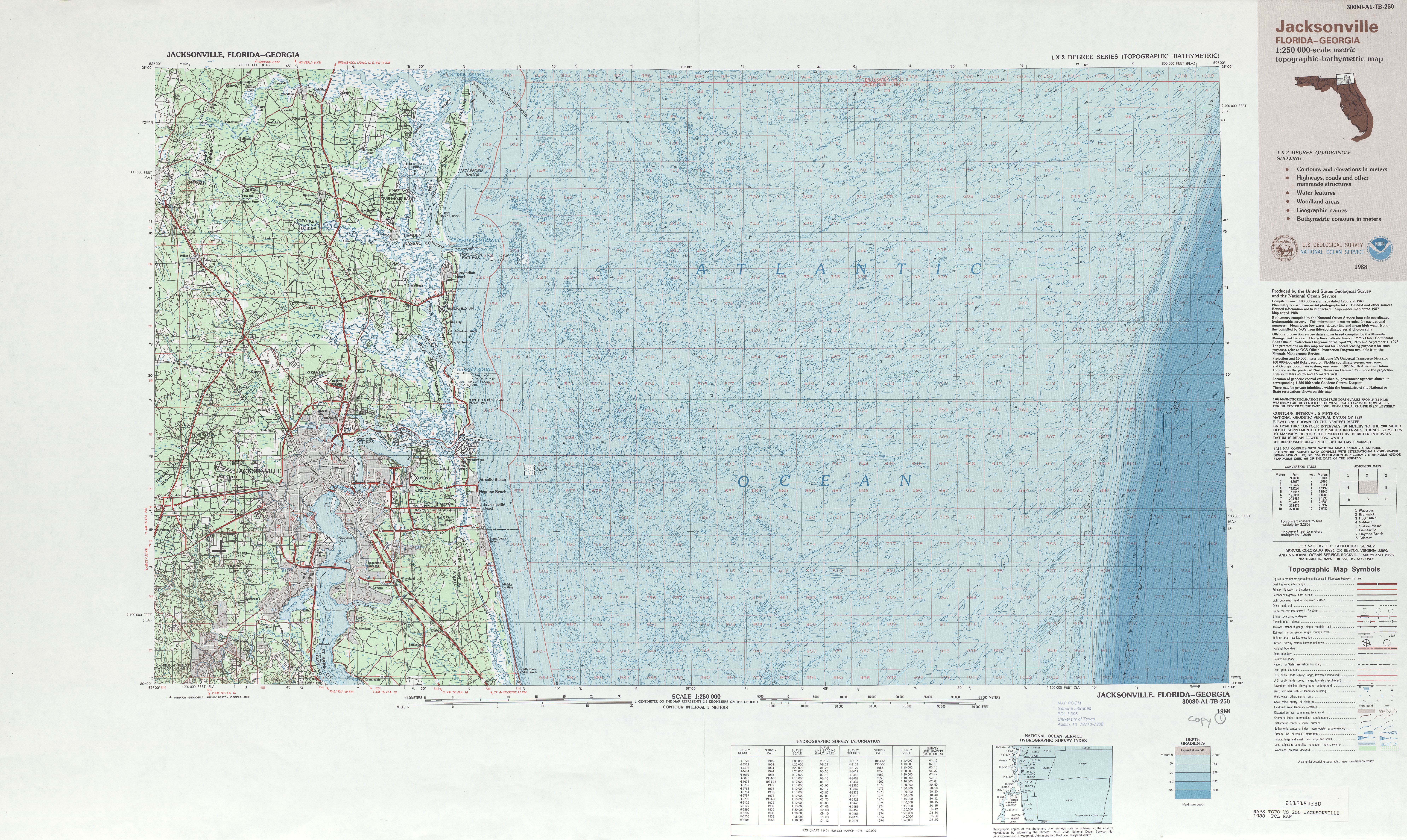 Hoja Jacksonville Mapa Topográfico de-Batimétrico, Estados Unidos 1988