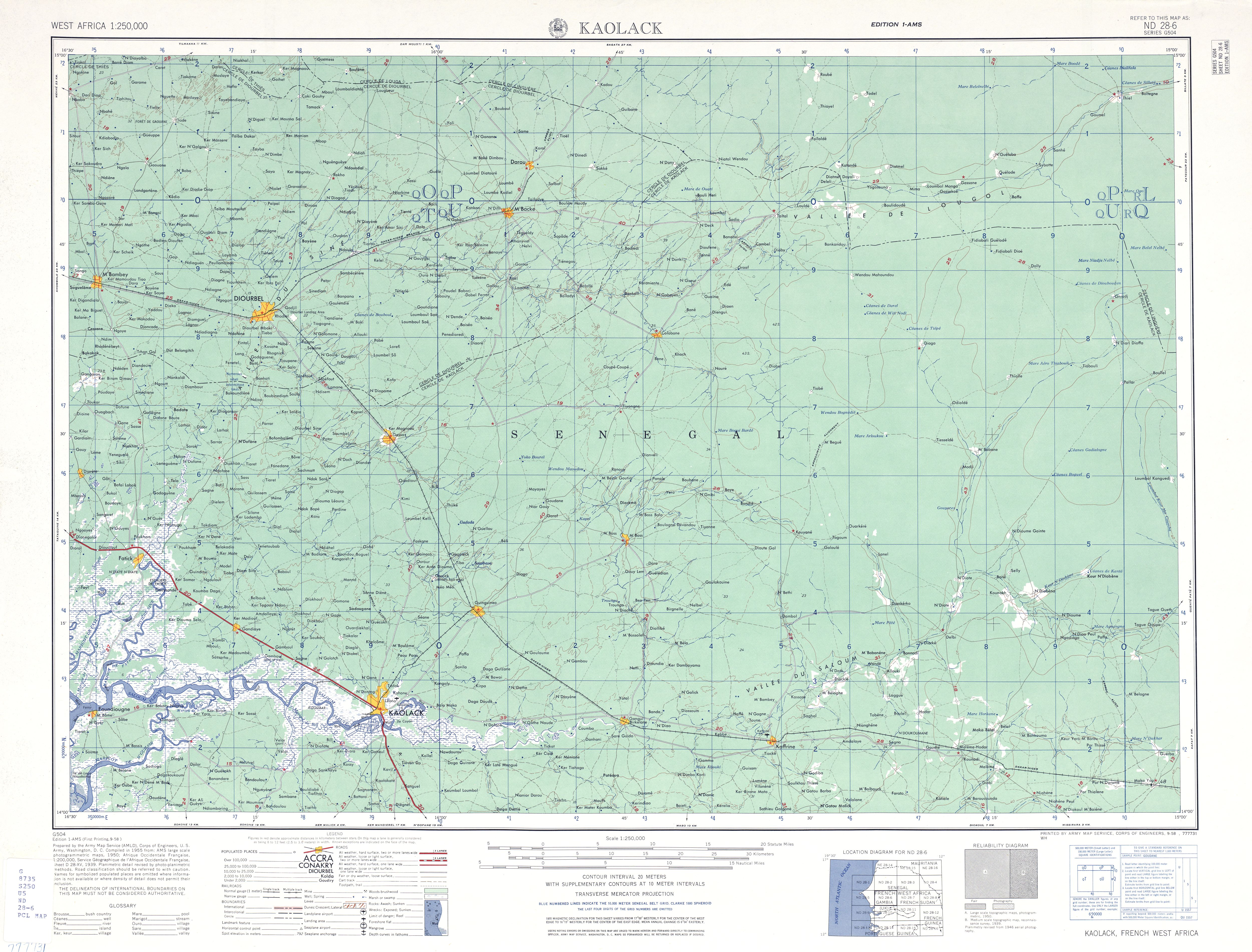 Hoja Kaolack del Mapa Topográfico de África Occidental 1955