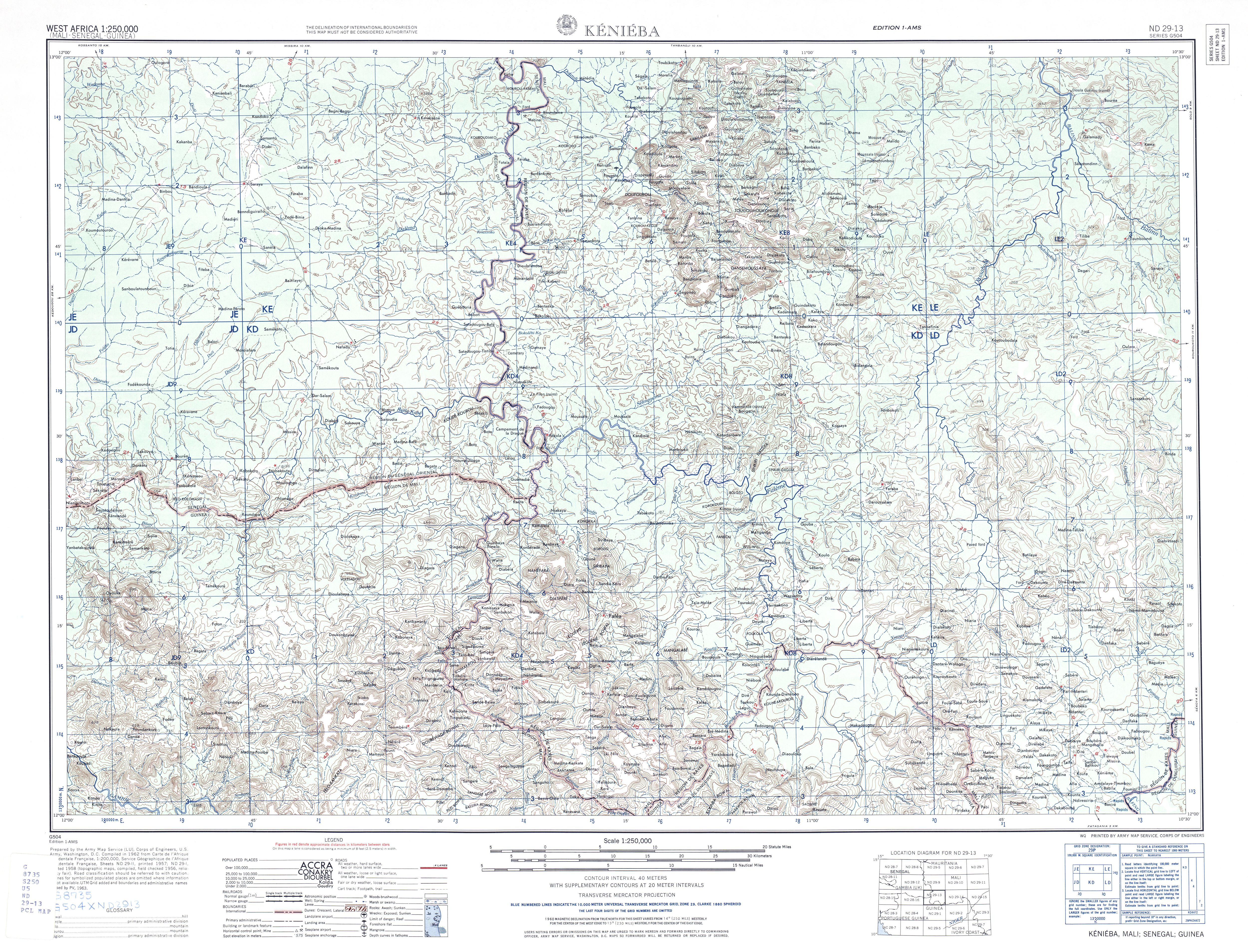 Hoja Kenieba del Mapa Topográfico de África Occidental 1955