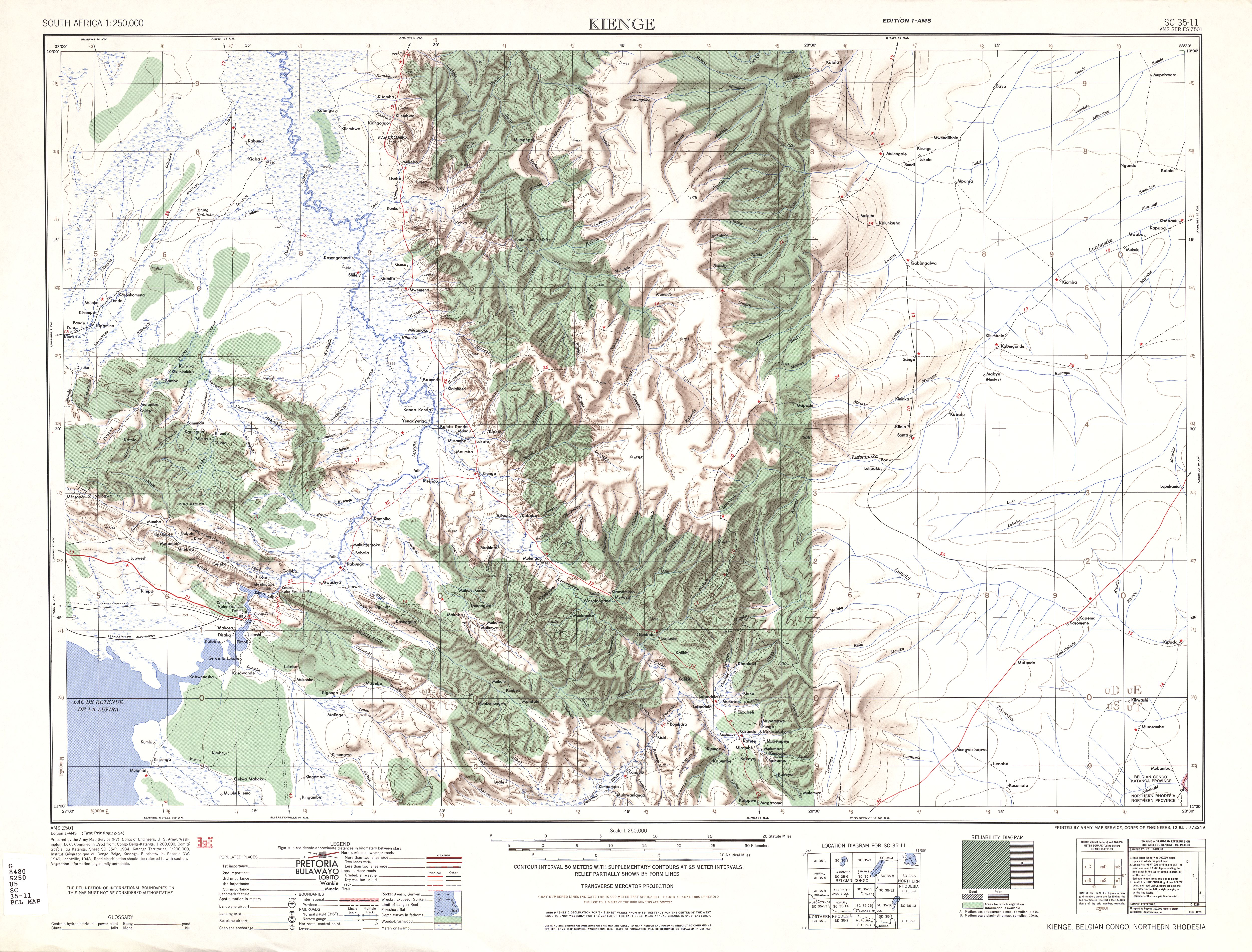 Hoja Kienge del Mapa Topográfico de África Meridional 1954