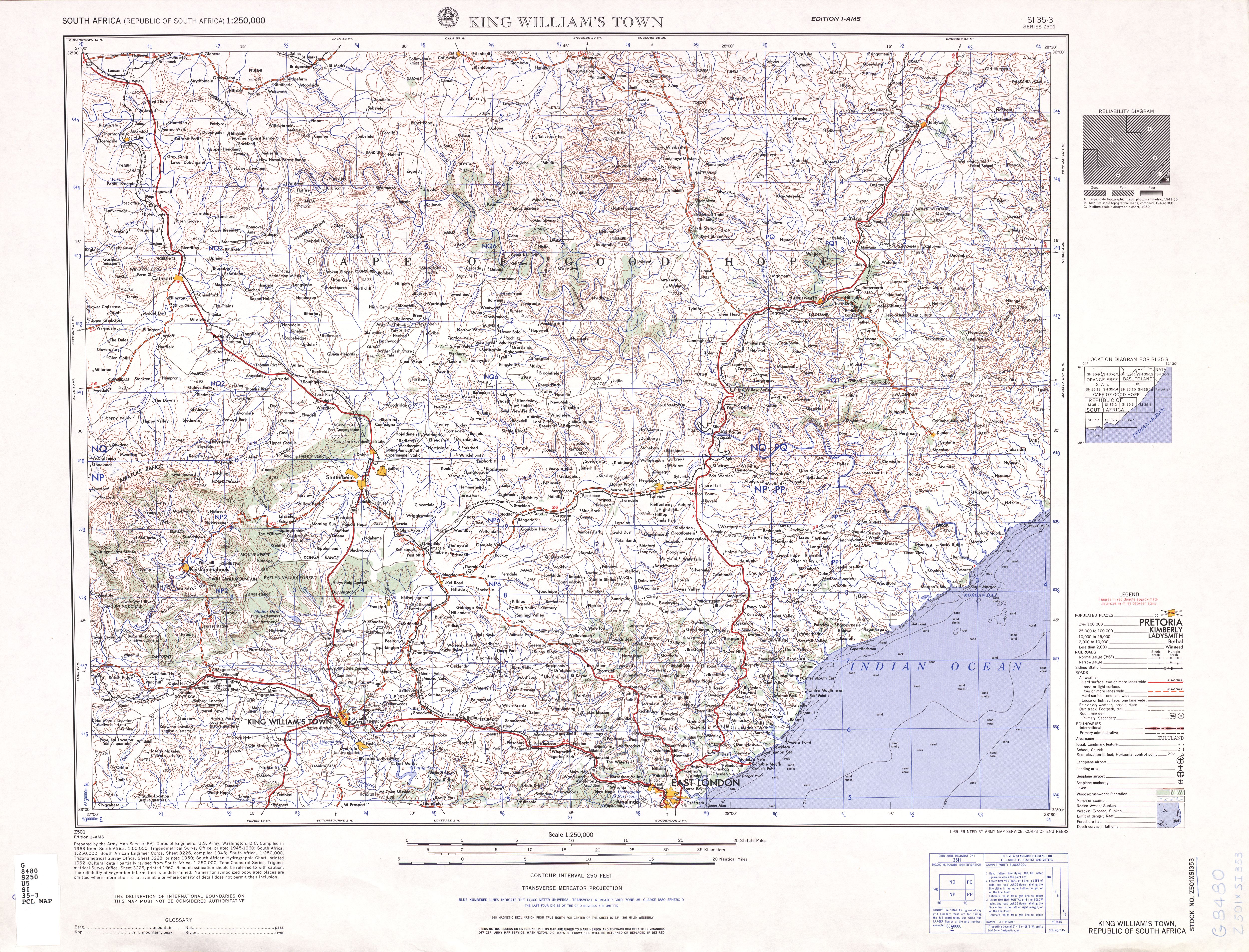 Hoja King William's Town del Mapa Topográfico de África Meridional 1954