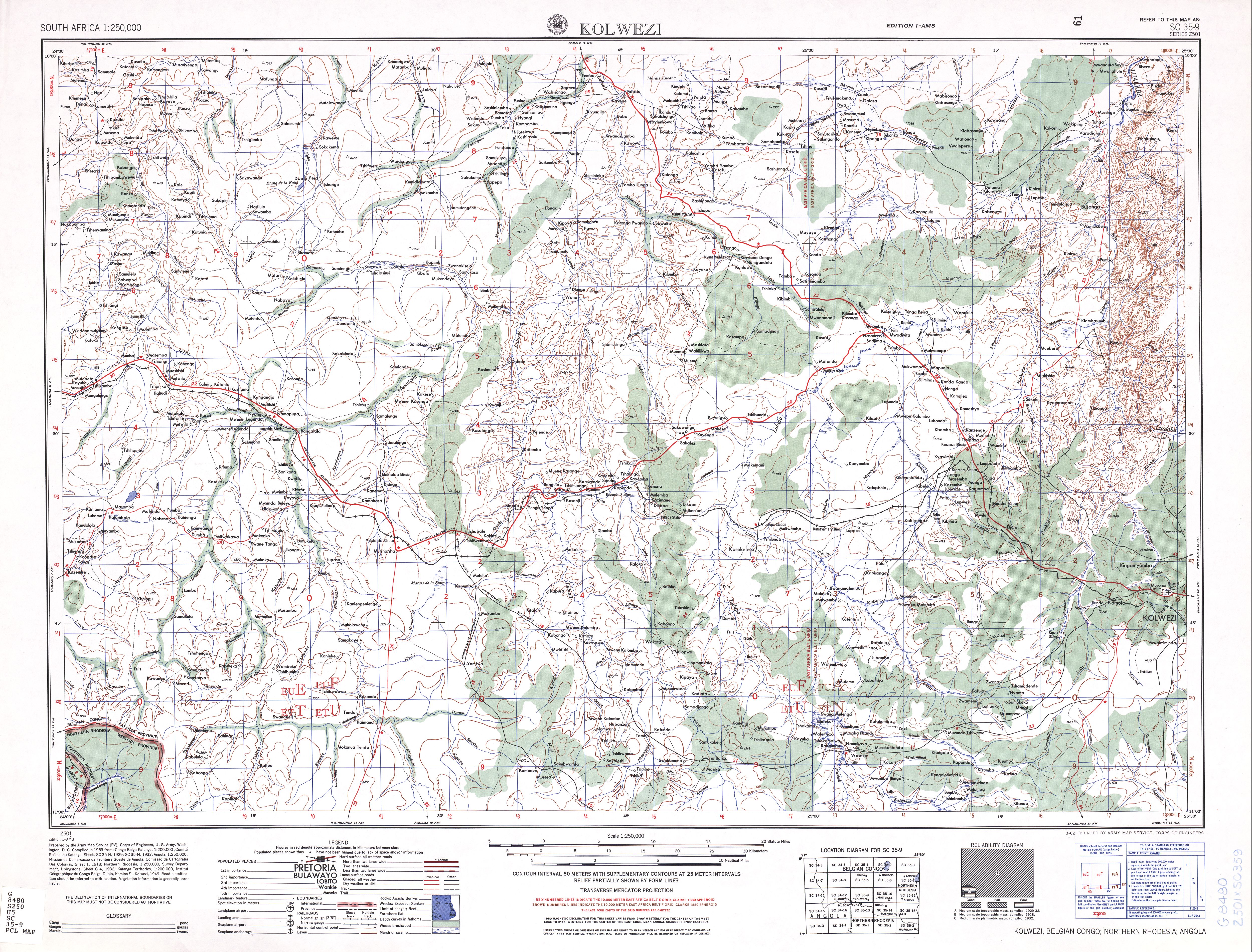 Hoja Kolwezi del Mapa Topográfico de África Meridional 1954