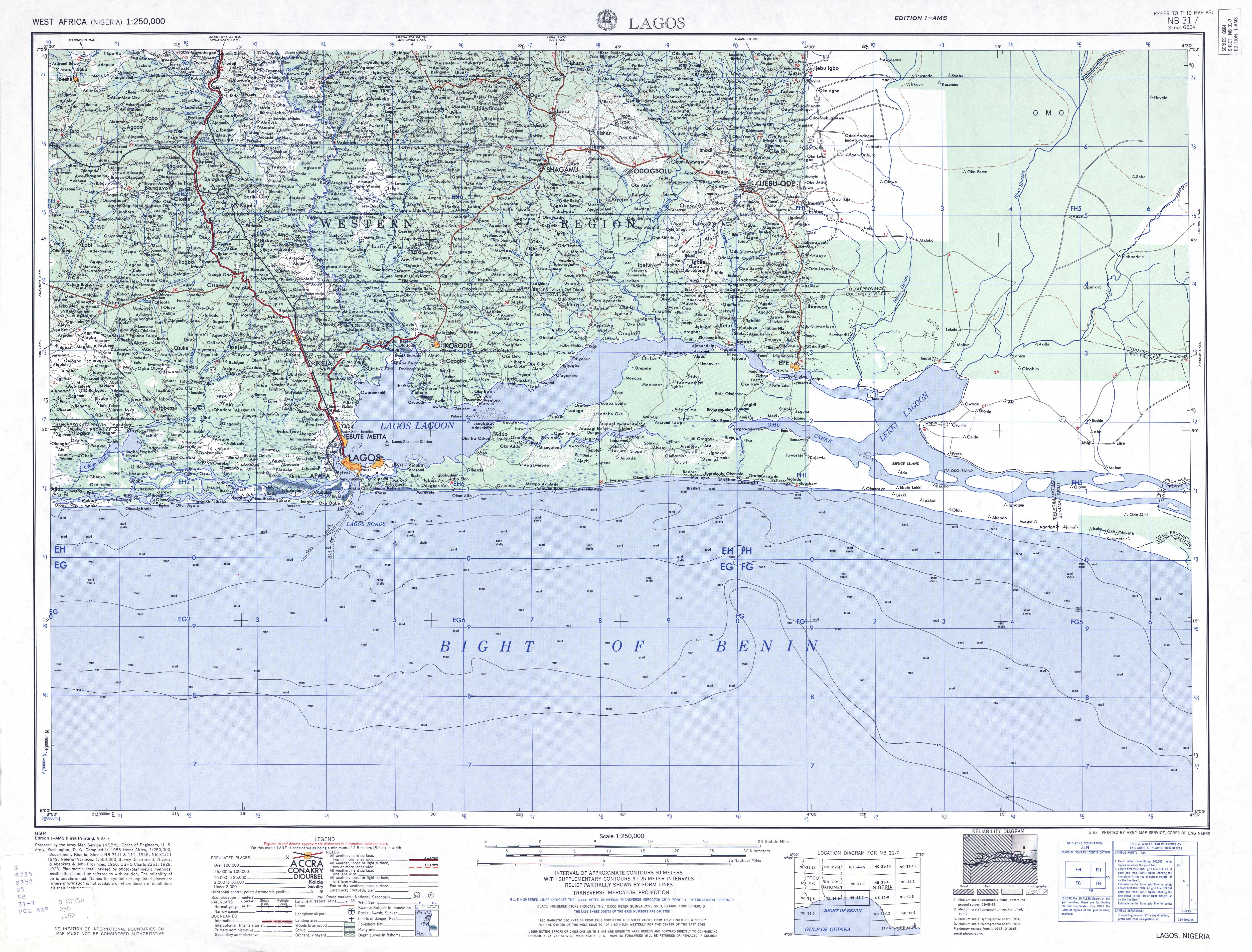 Hoja Lagos del Mapa Topográfico de África Occidental 1955